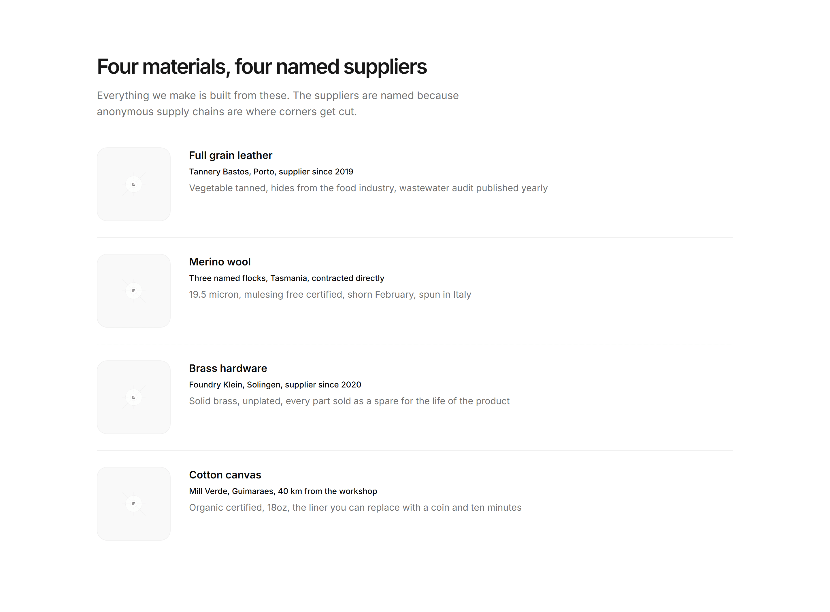 Ecommerce Brand Story: Materials Provenance Rows
