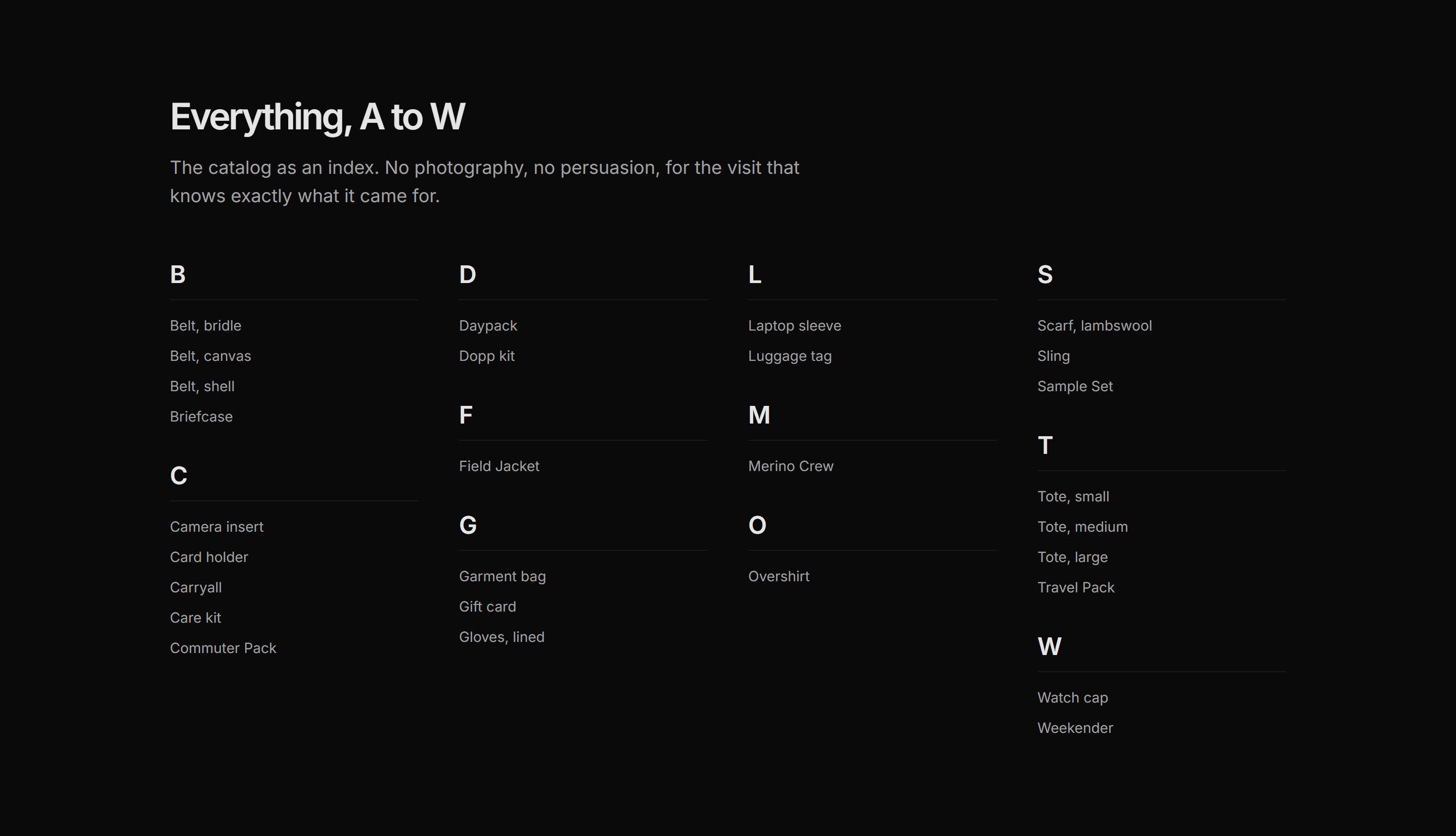 Ecommerce Category: Alphabetical Index