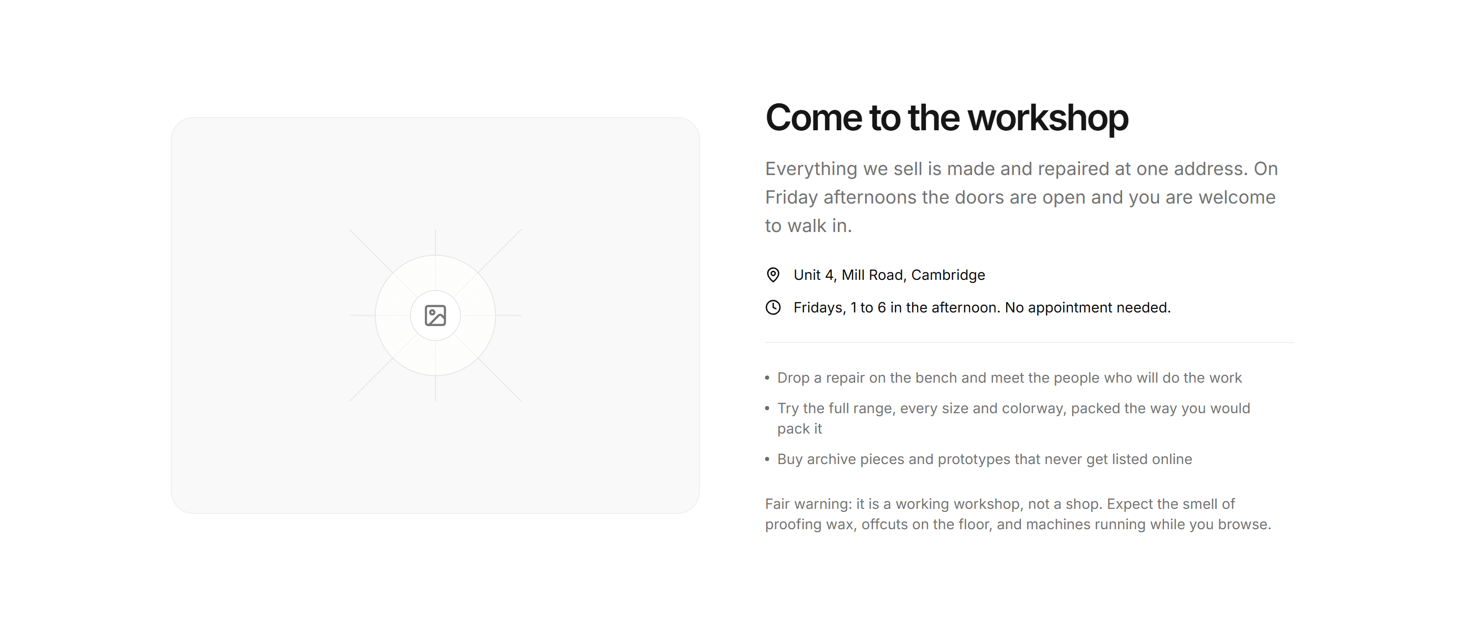 Ecommerce Contact and Support: Visit The Workshop Card