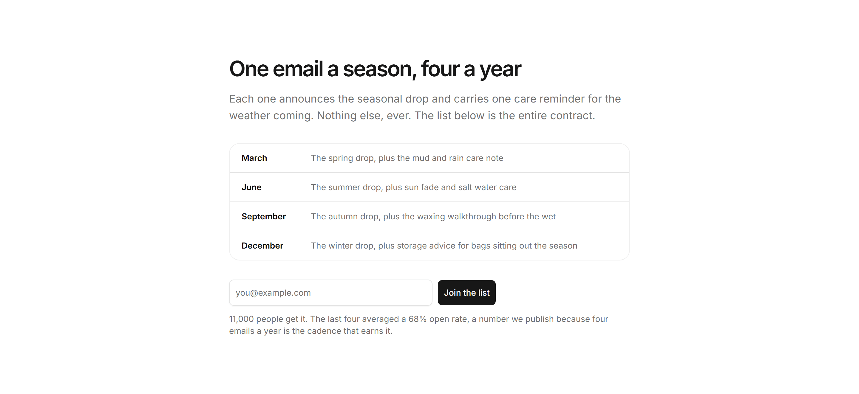 Ecommerce Email Capture: One Email A Season Signup
