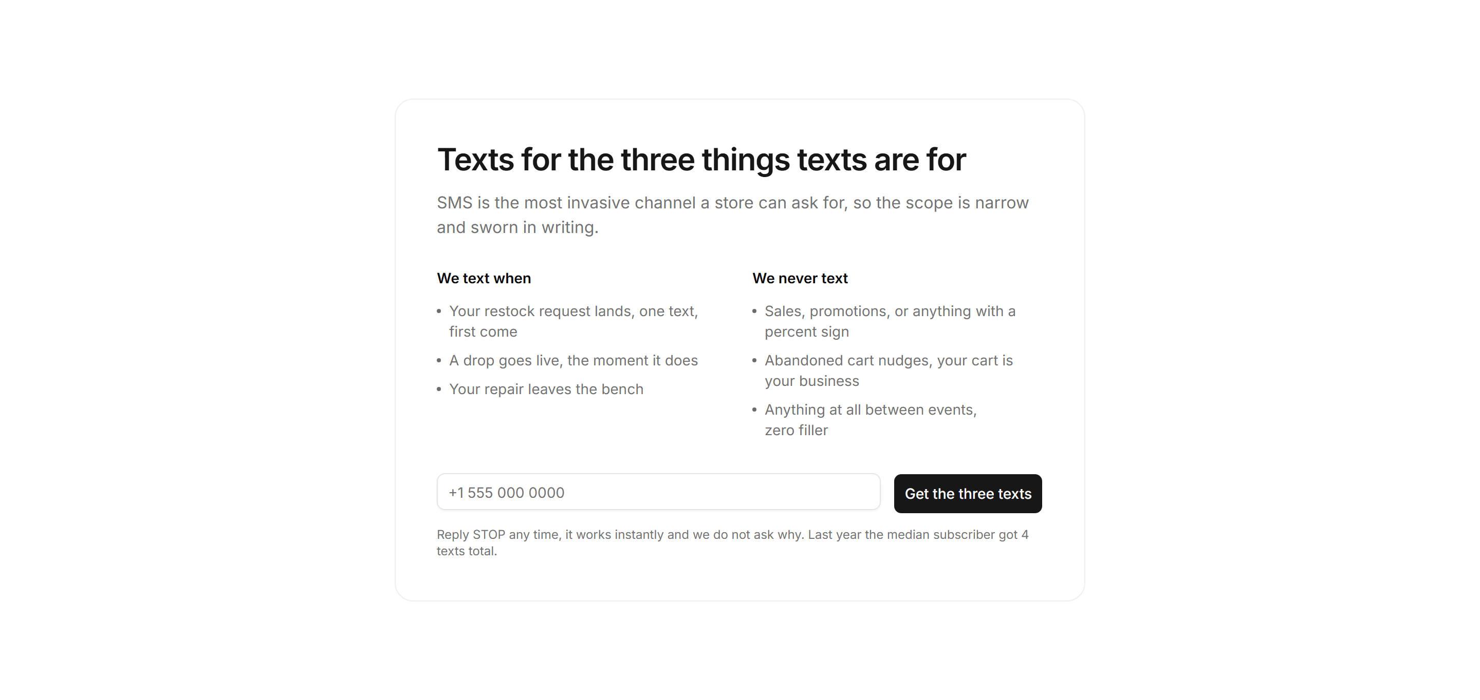 Ecommerce Email Capture: Sms Alerts Card