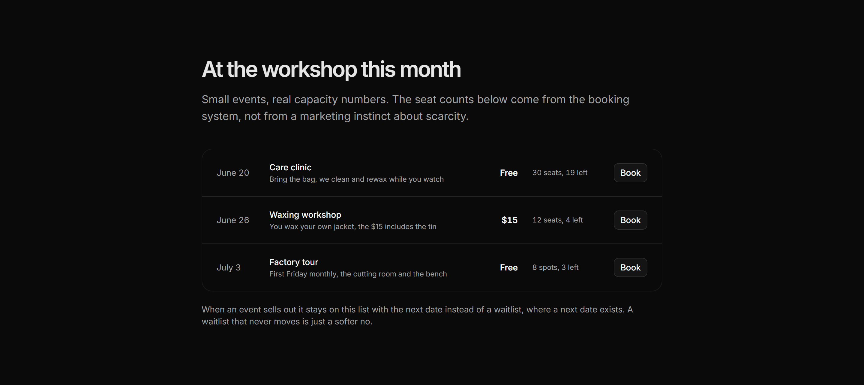 Ecommerce Events and Appointment: Workshop Calendar List