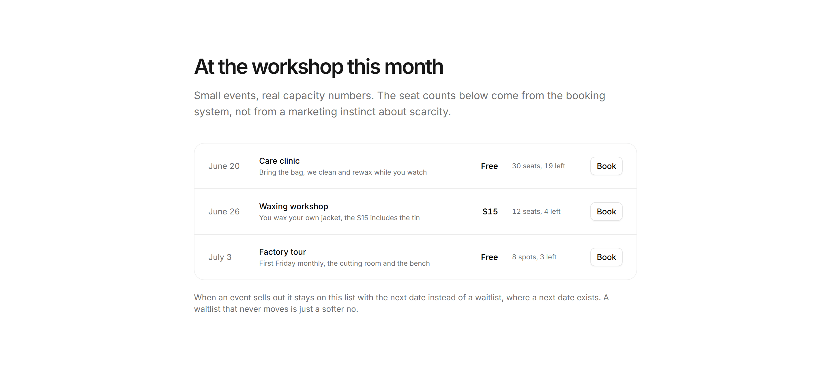 Ecommerce Events and Appointment: Workshop Calendar List