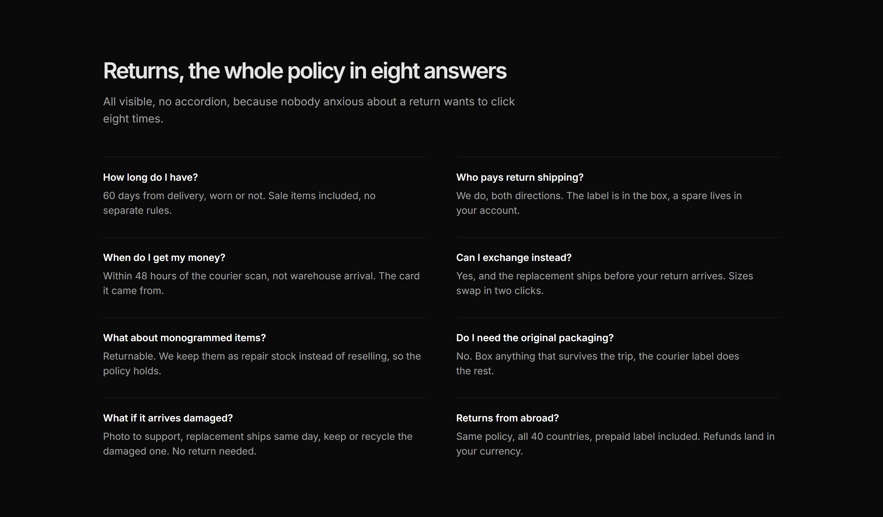 Ecommerce FAQ: Returns Faq Two Col