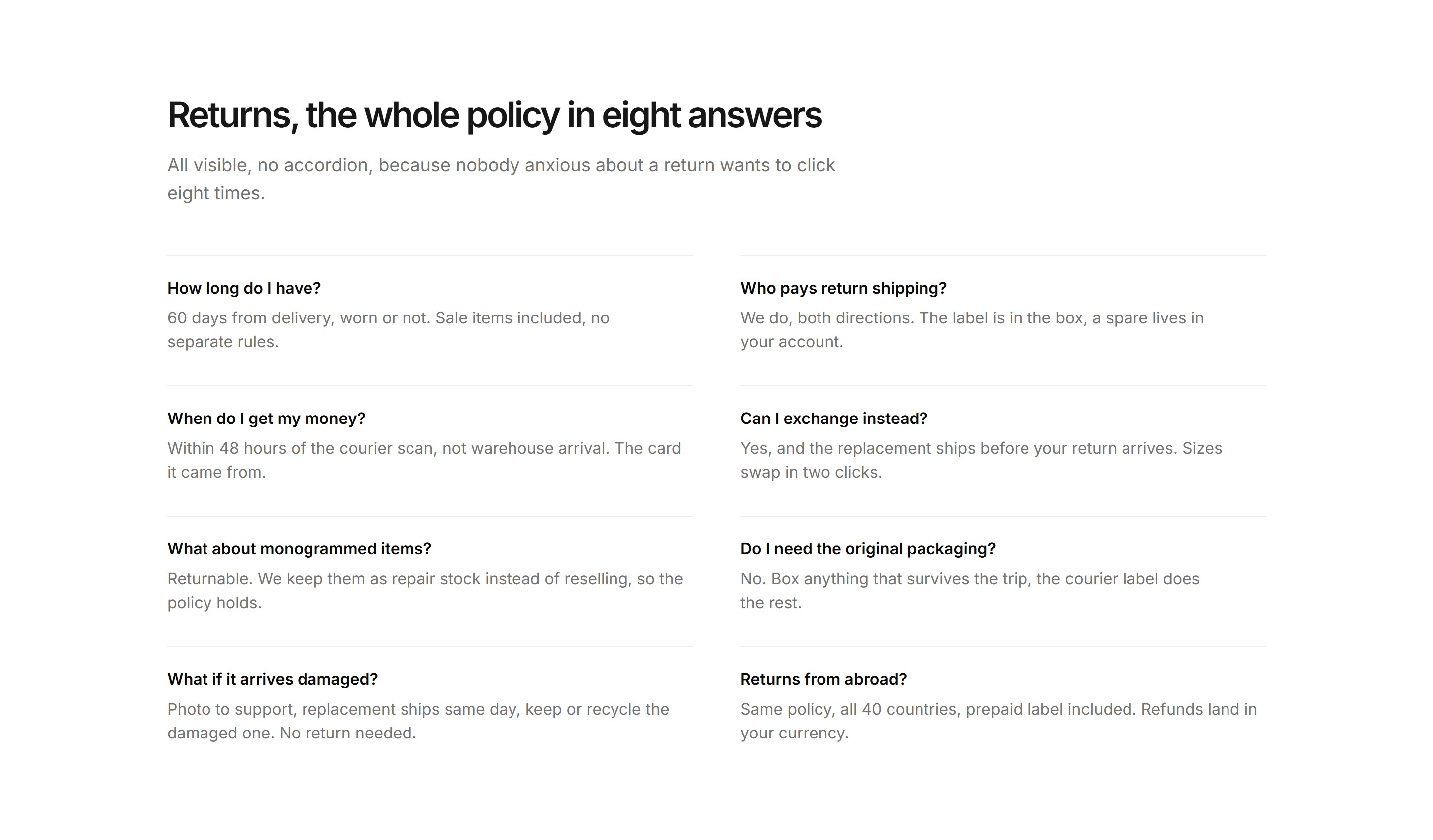 Ecommerce FAQ: Returns Faq Two Col