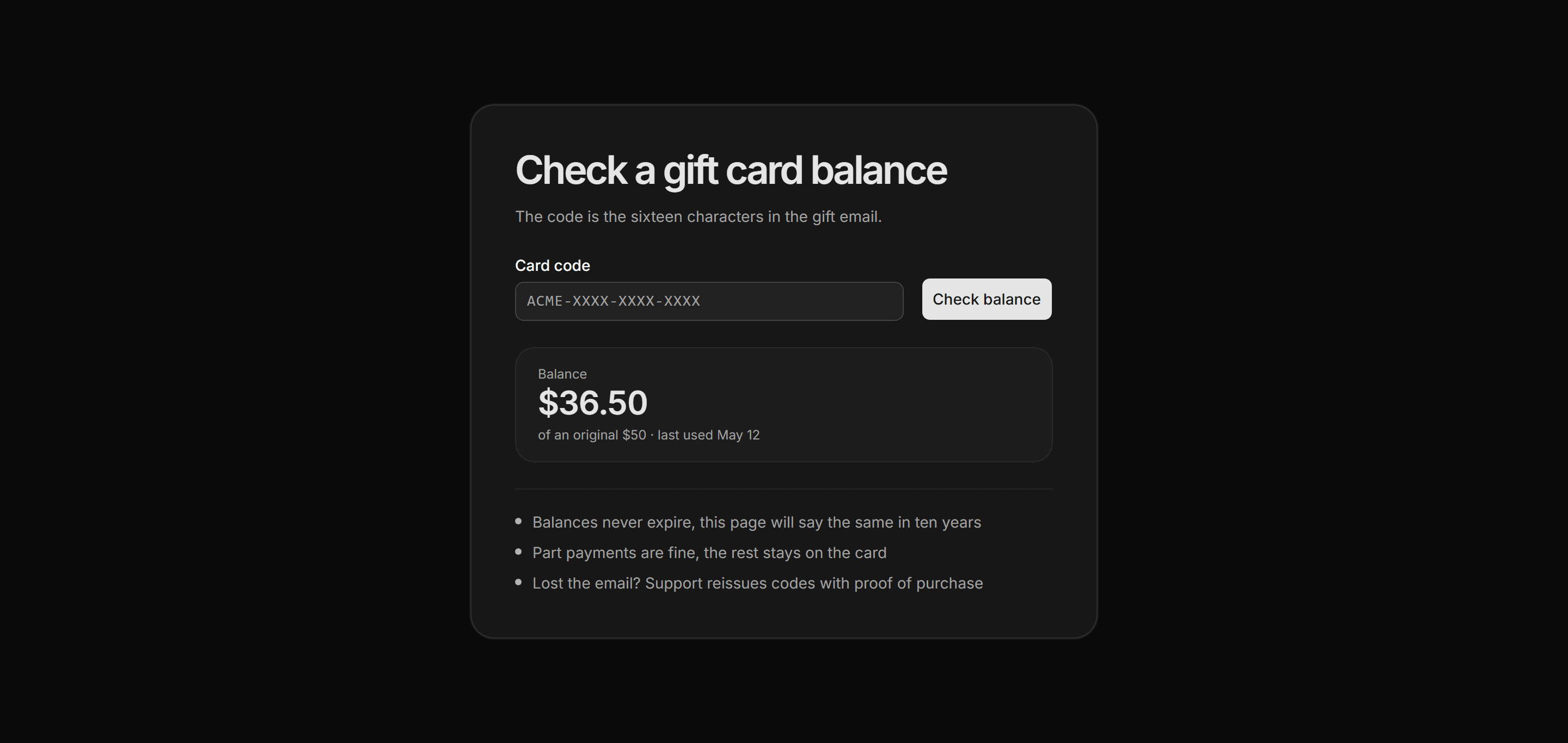 Ecommerce Gift Card: Gift Card Balance Check