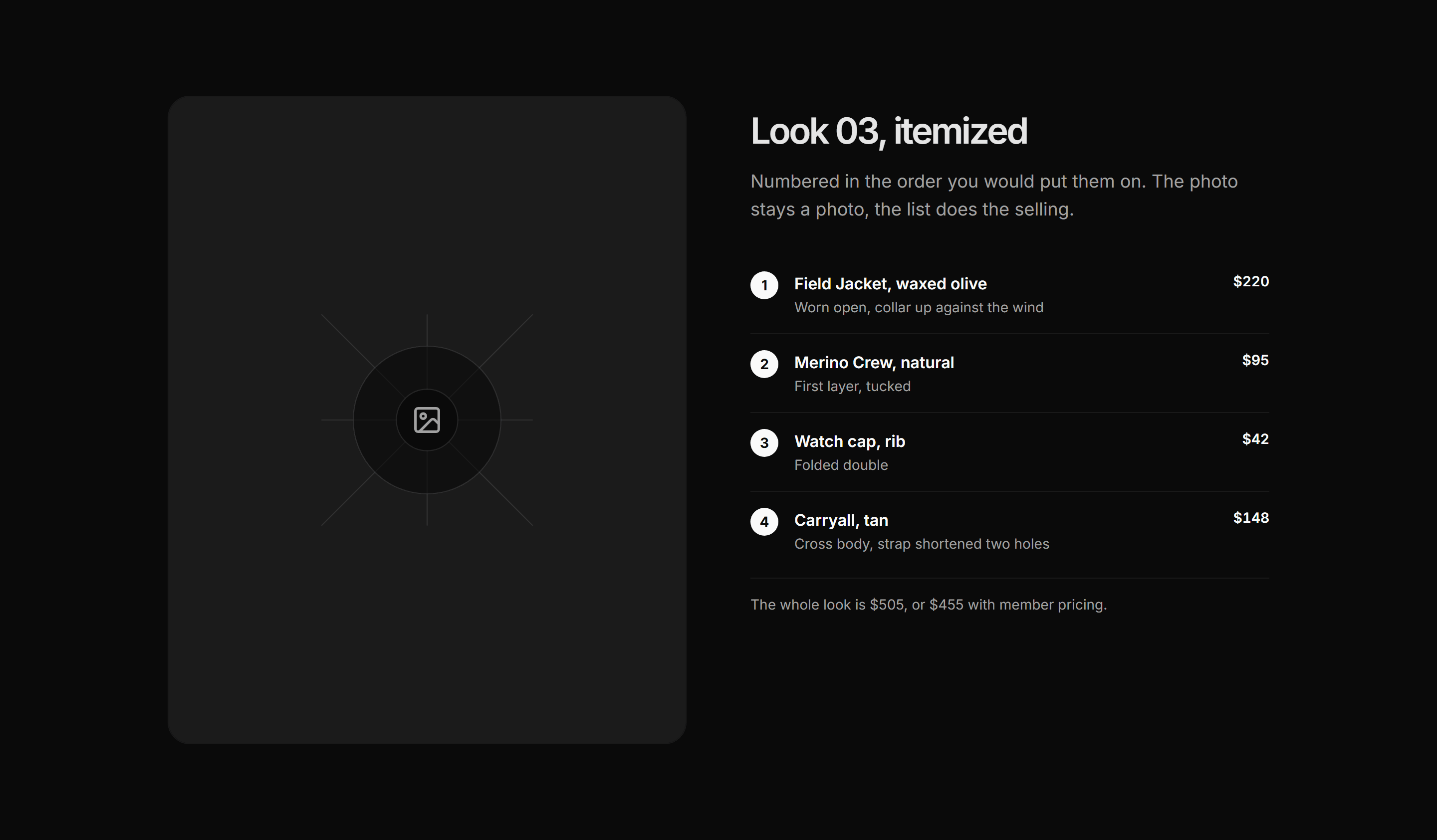Ecommerce Lookbook: Numbered Look List