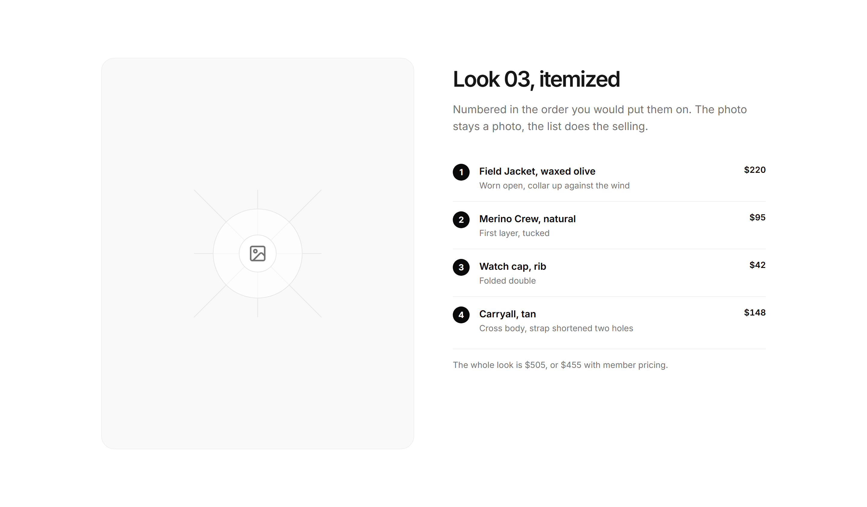 Ecommerce Lookbook: Numbered Look List
