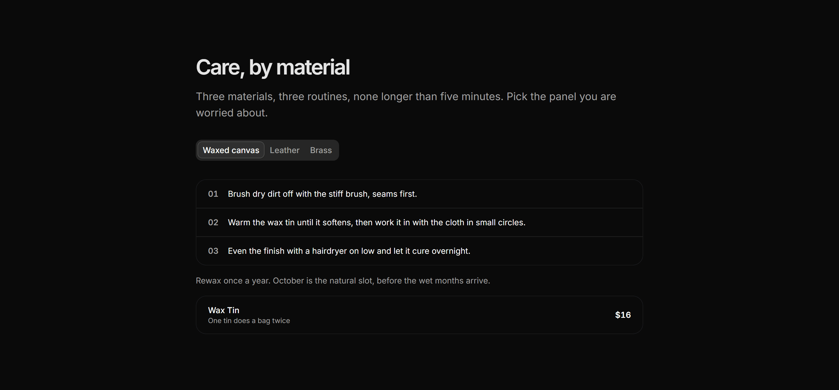 Ecommerce Product Care: Care By Material Tabs