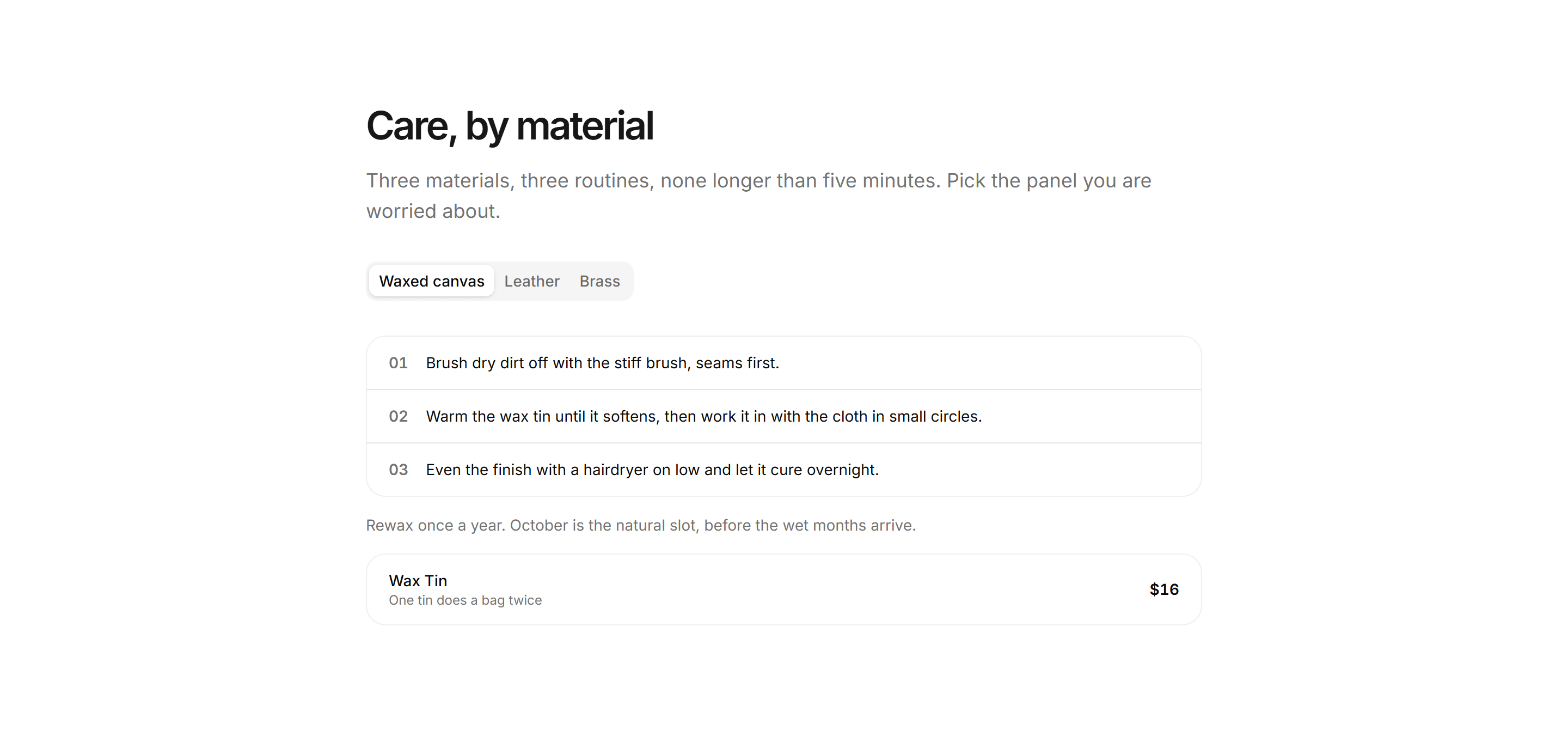 Ecommerce Product Care: Care By Material Tabs