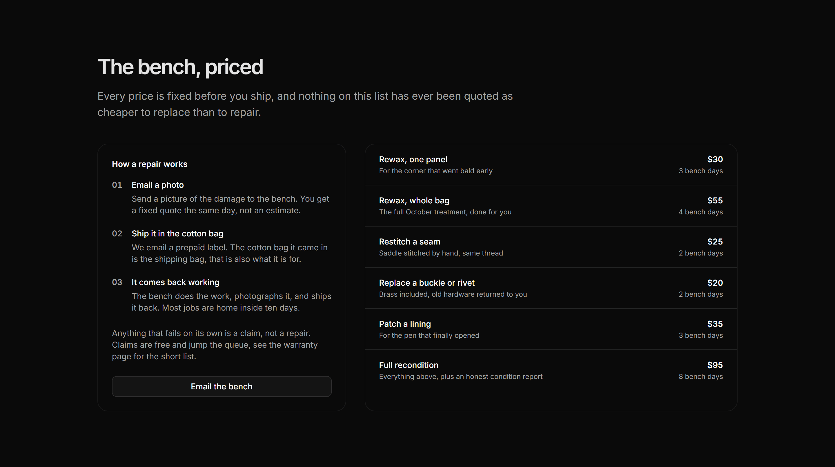 Ecommerce Product Care: Repair Bench Menu
