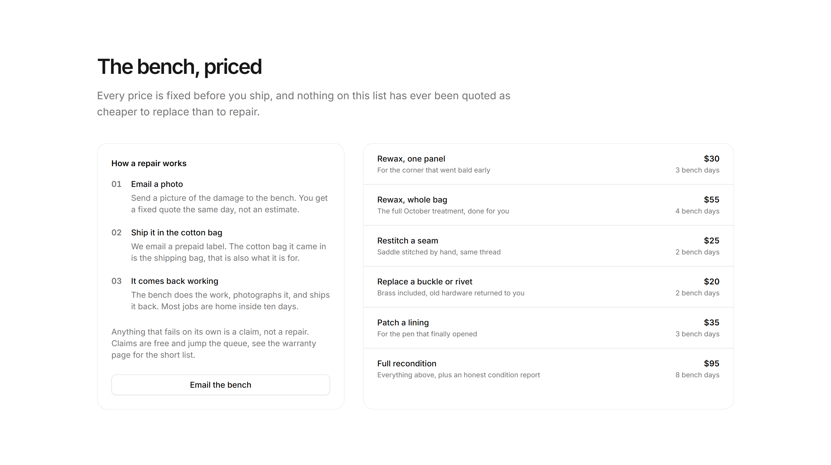 Ecommerce Product Care: Repair Bench Menu