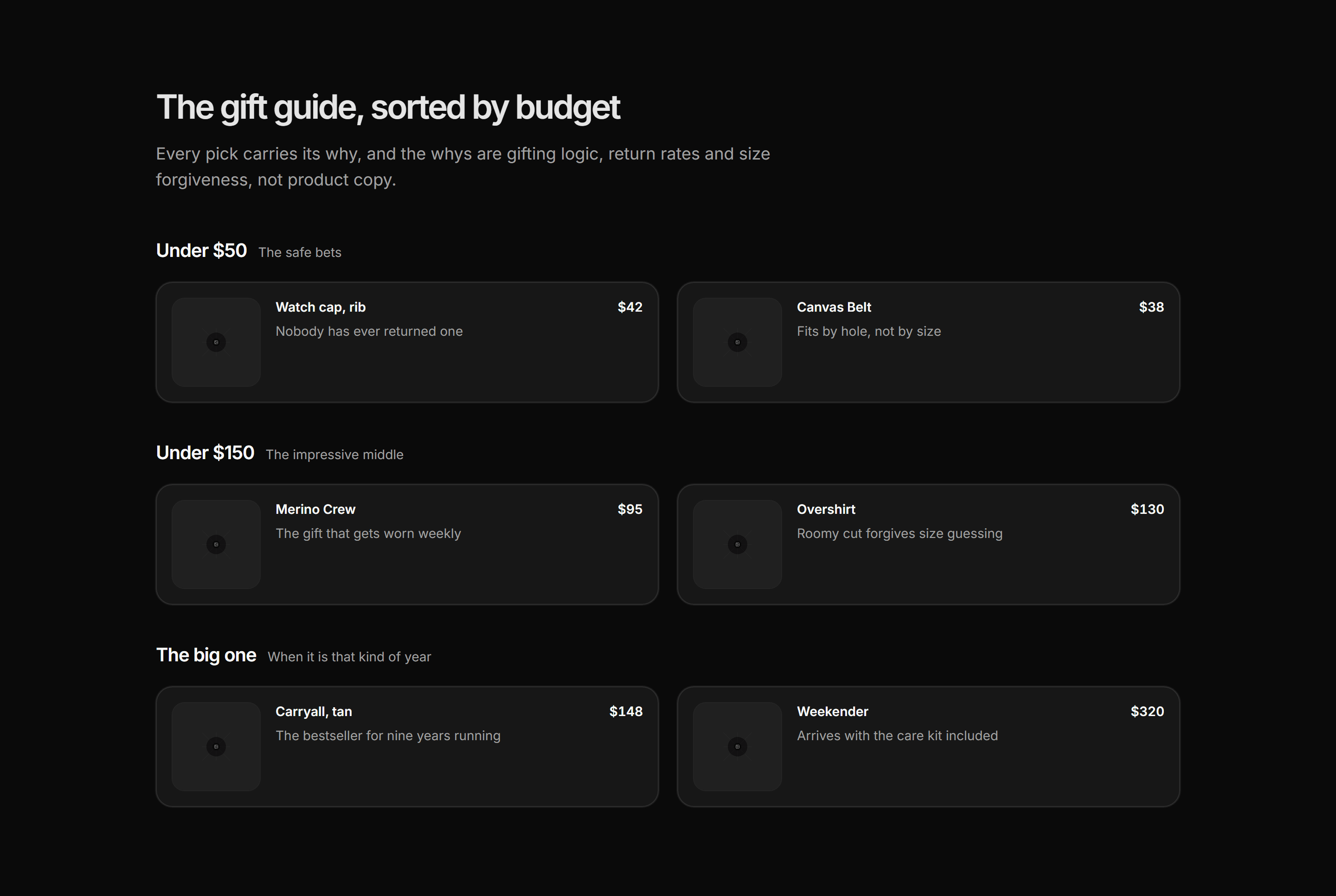 Ecommerce Product Grid: Gift Guide Grid Priced