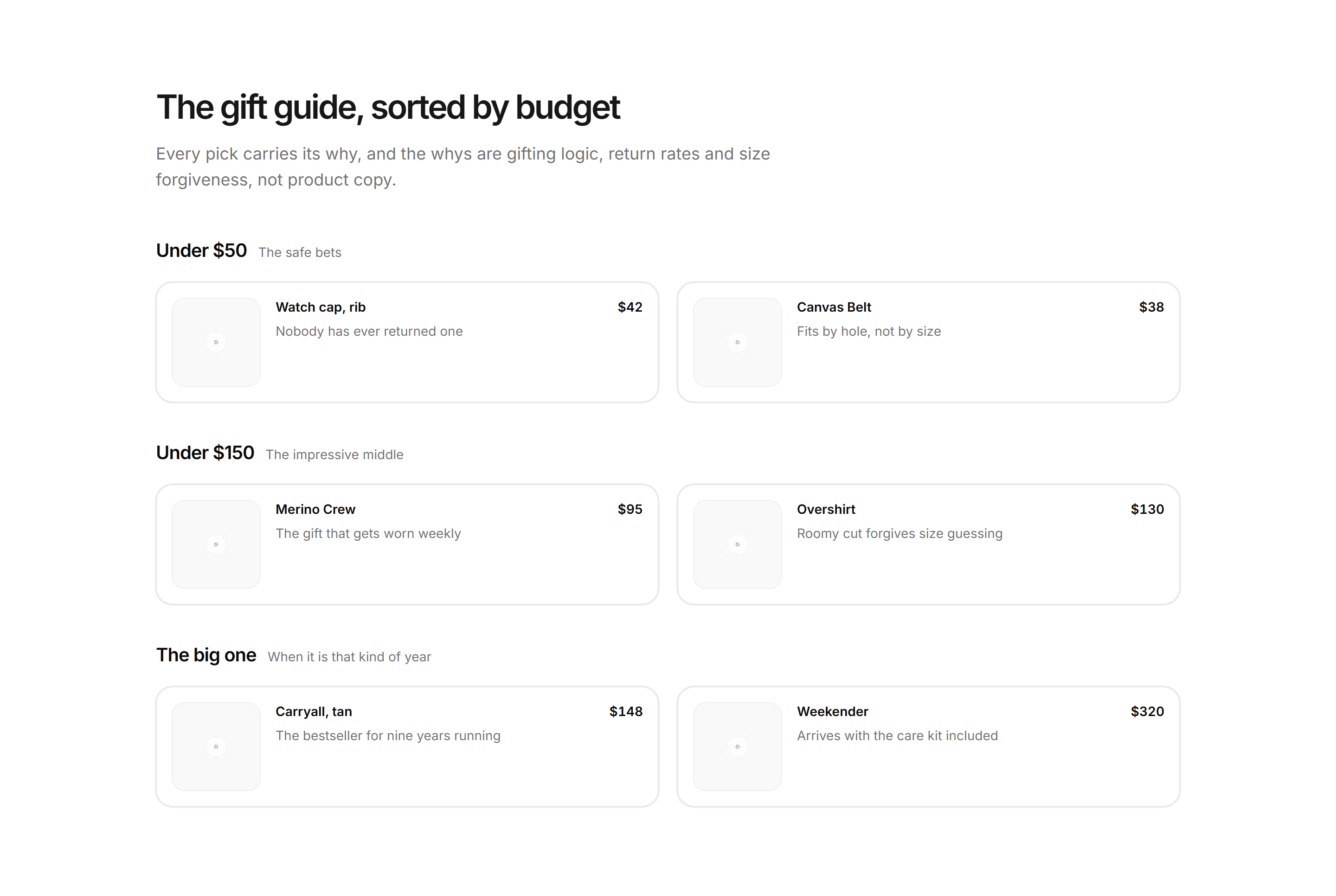 Ecommerce Product Grid: Gift Guide Grid Priced