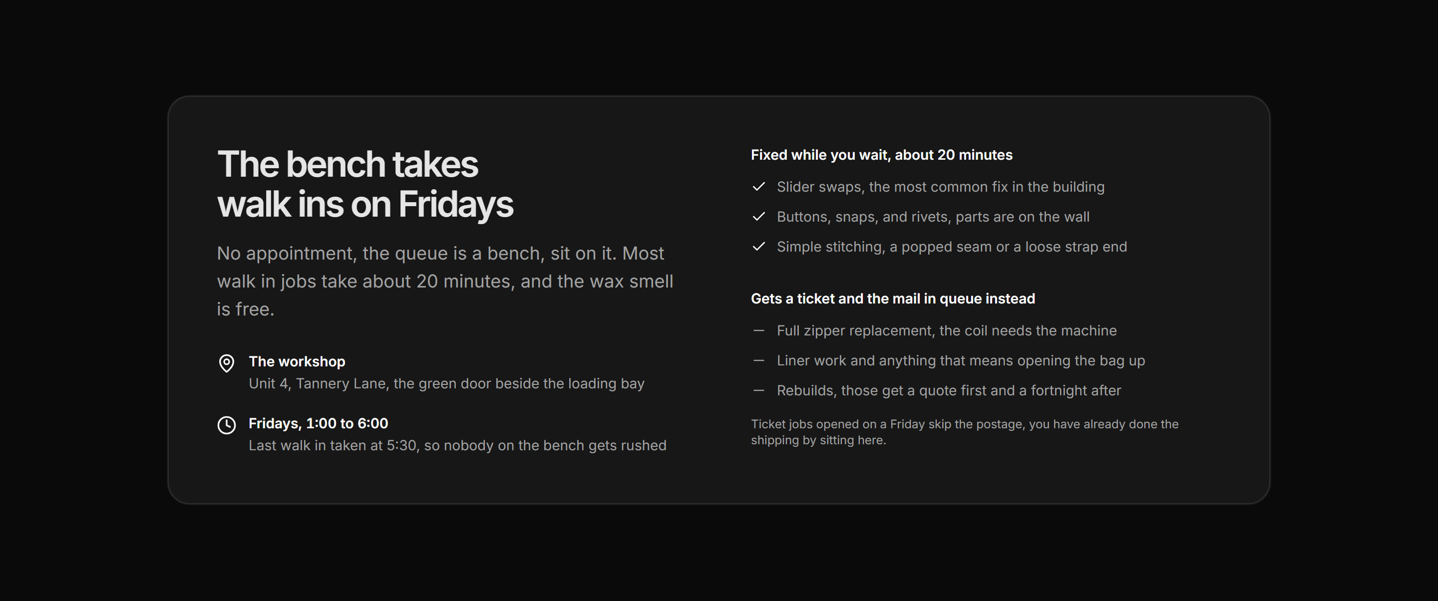 Ecommerce Repair: Walk In Hours Card
