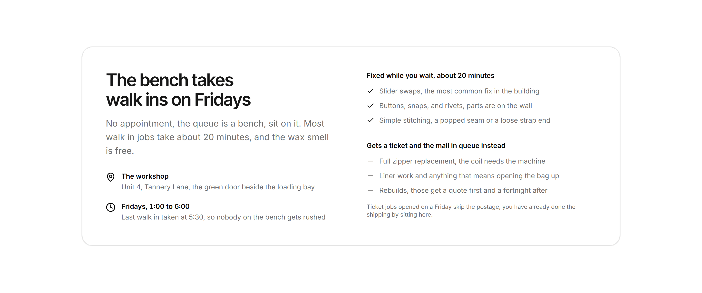 Ecommerce Repair: Walk In Hours Card