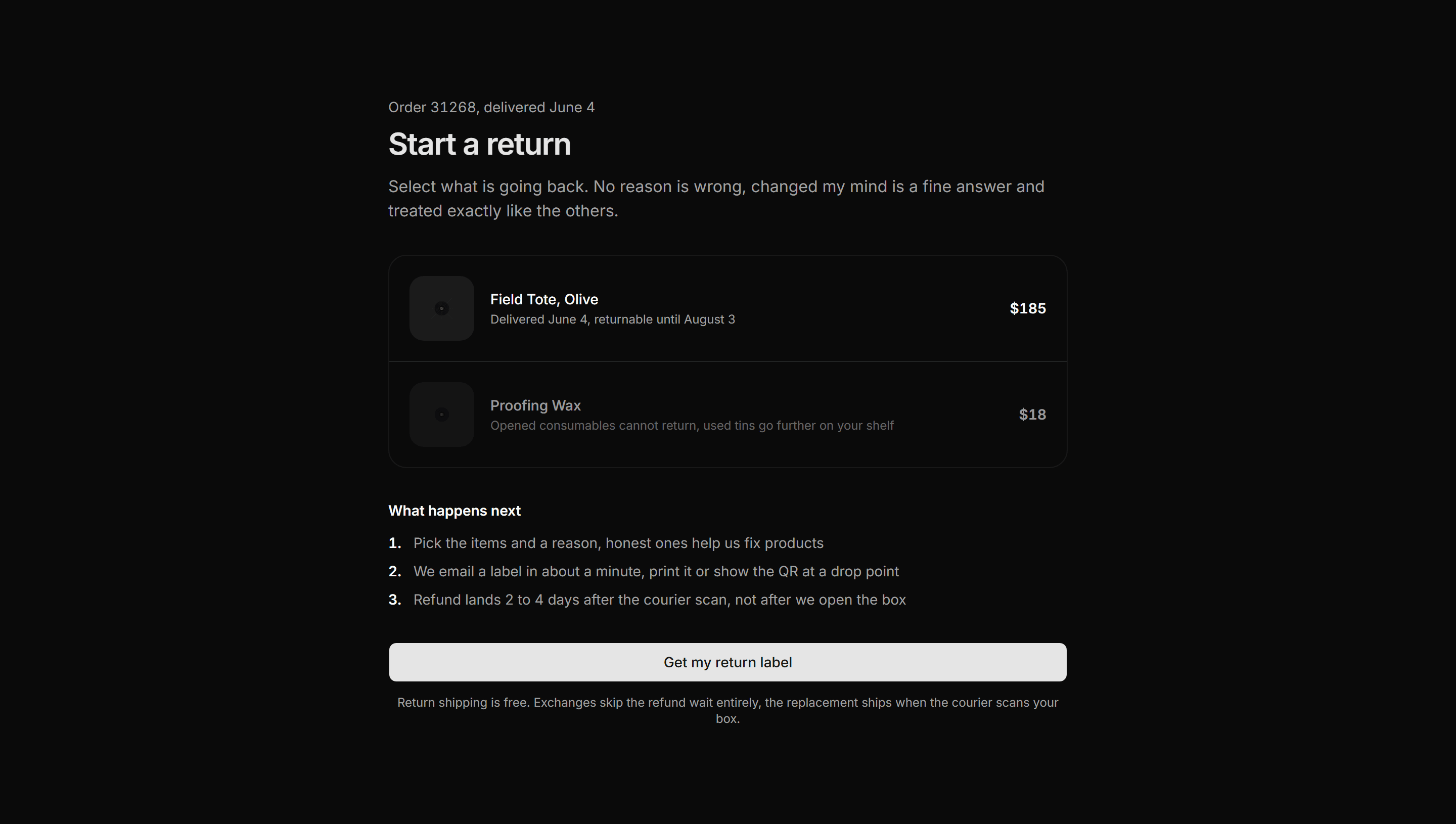 Ecommerce Return: Start Return Flow