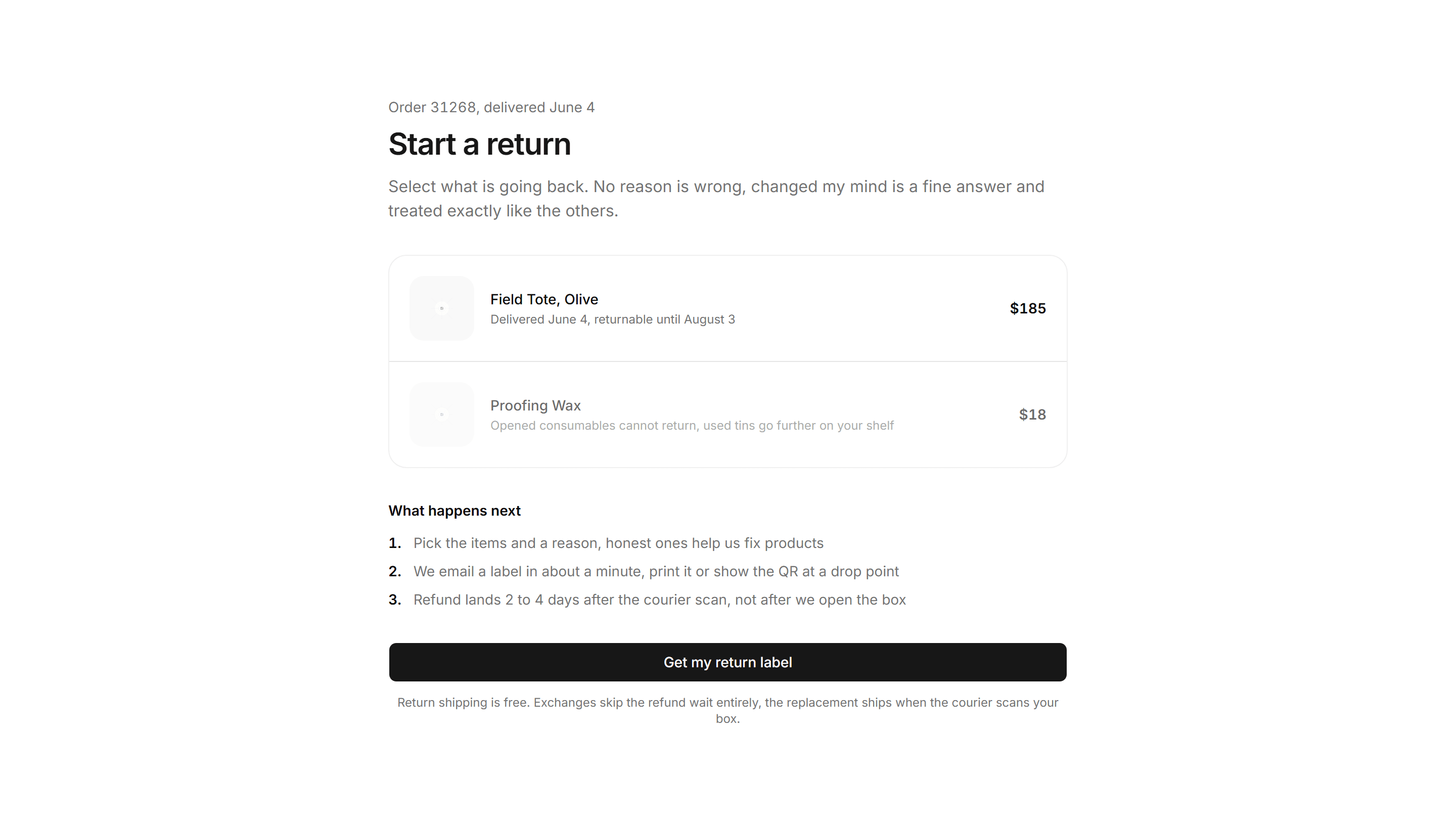 Ecommerce Return: Start Return Flow