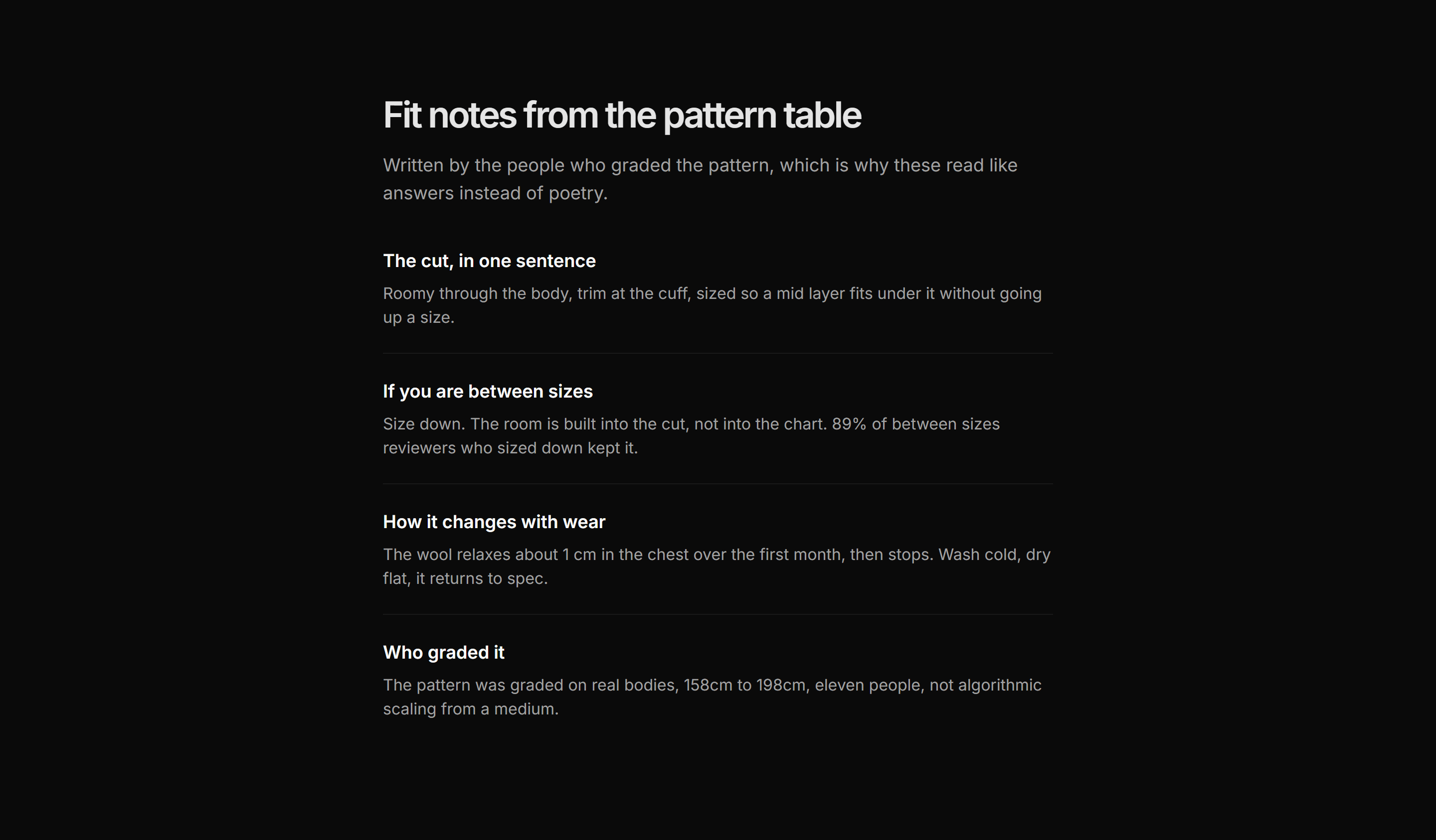 Ecommerce Size and Fit: Fit Notes Panel