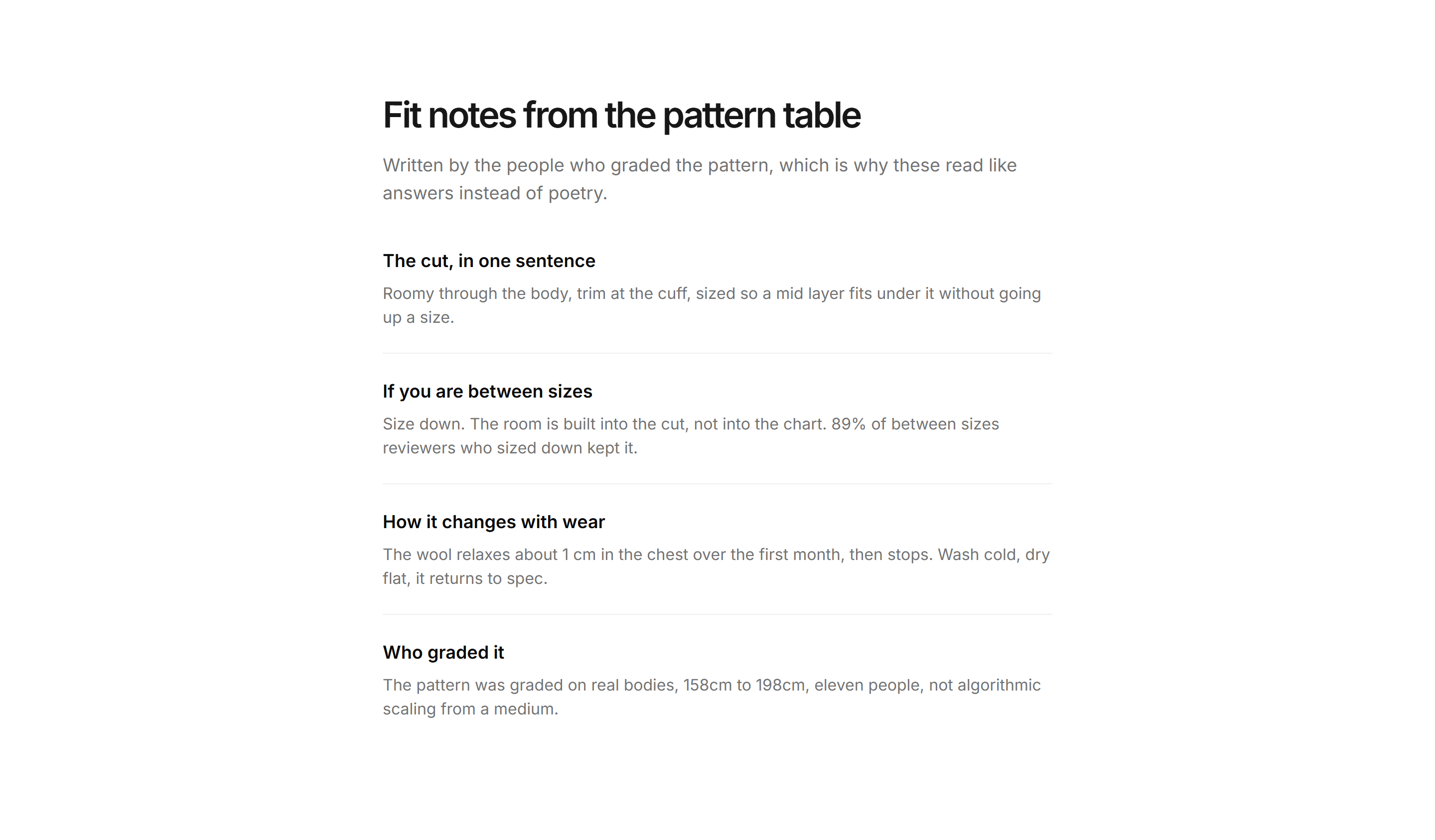 Ecommerce Size and Fit: Fit Notes Panel