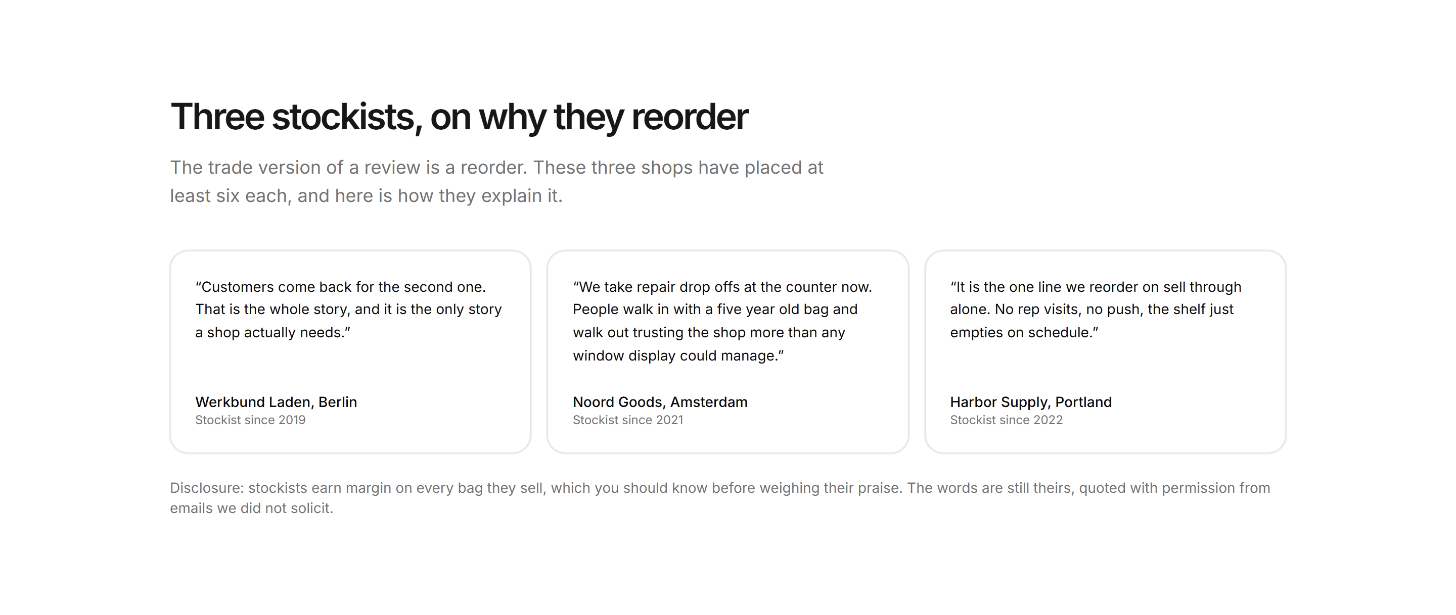 Ecommerce Social Proof: Stockist Quotes Row