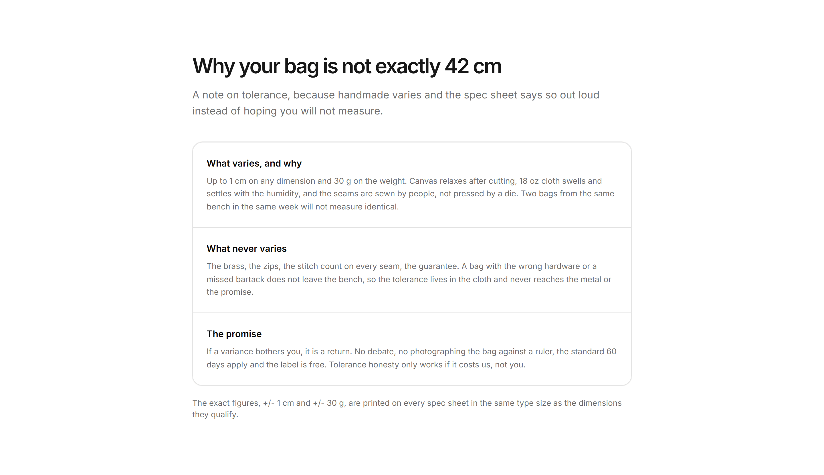 Ecommerce Specs and Dimension: Tolerances Note Card