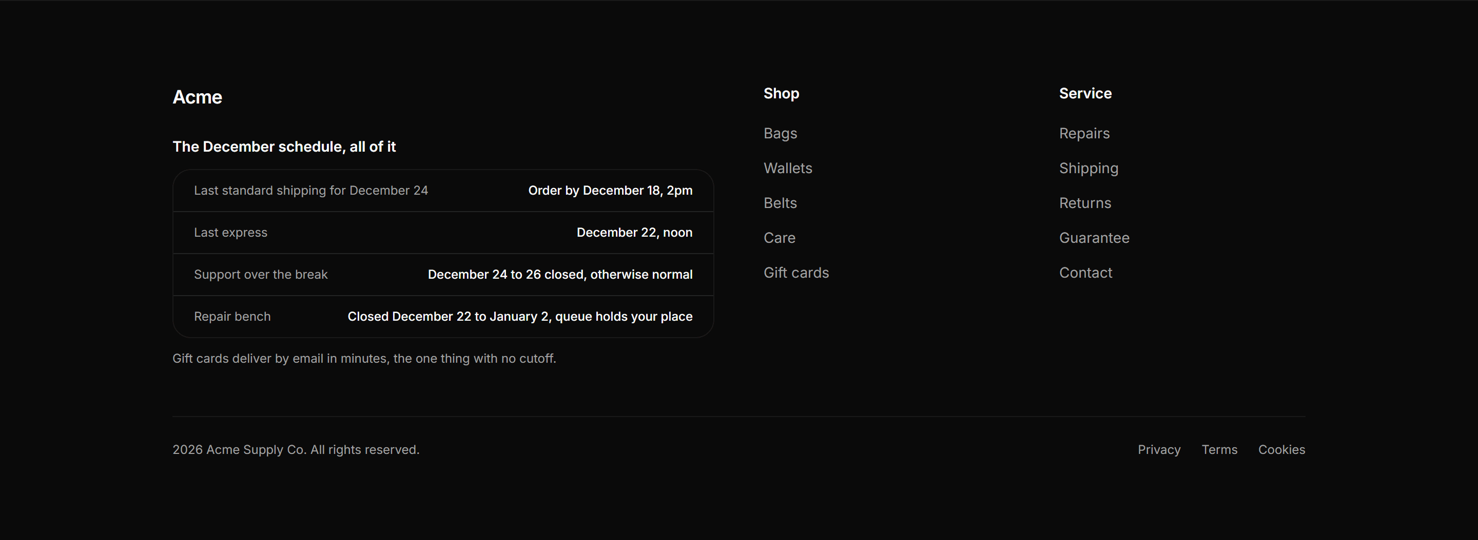 Ecommerce Footer: Holiday Hours Footer