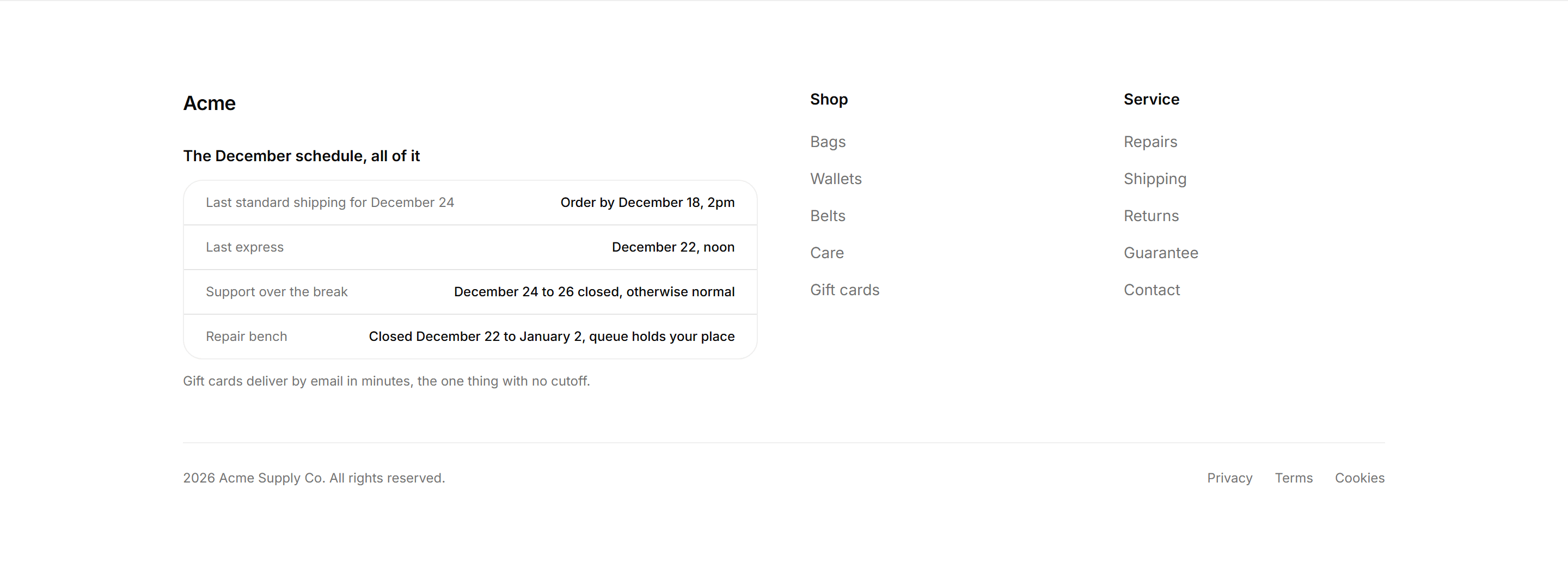 Ecommerce Footer: Holiday Hours Footer