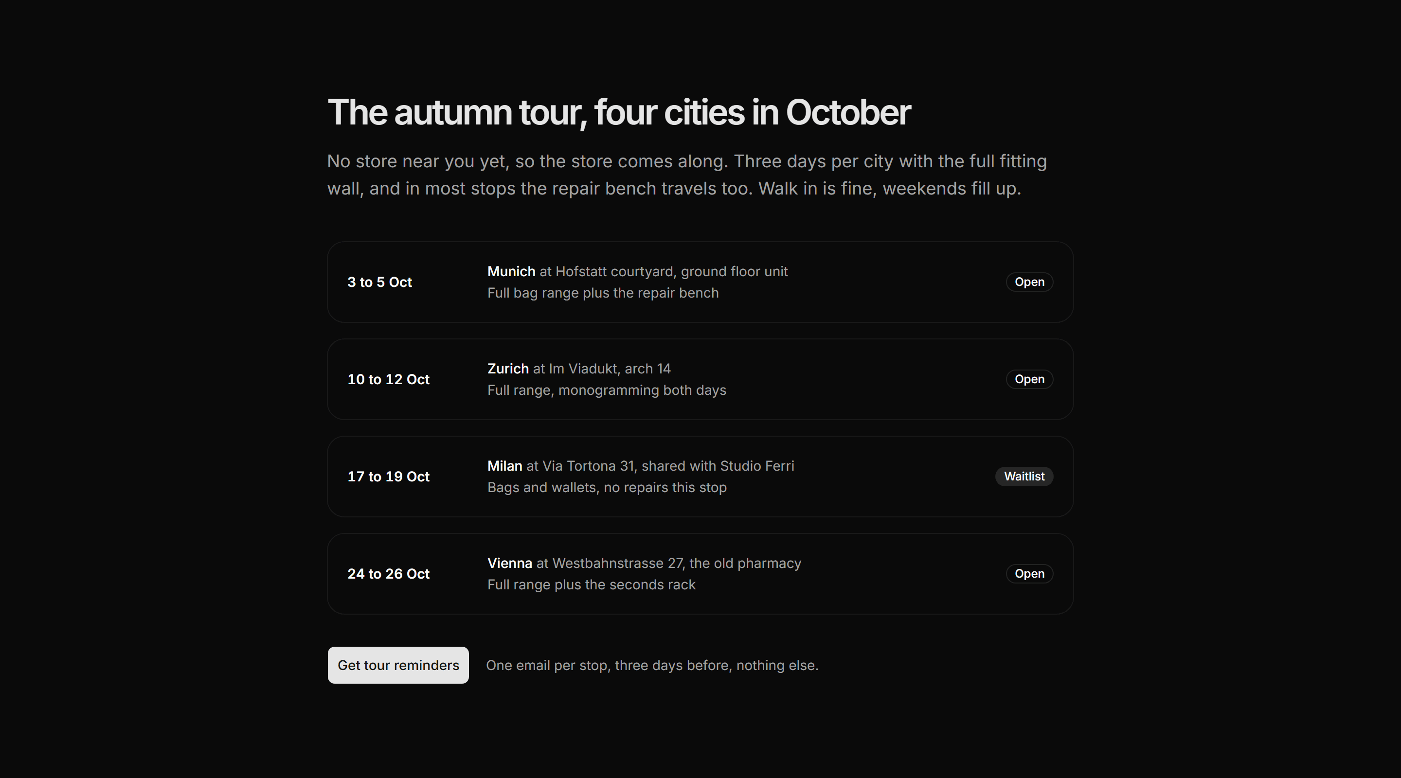 Ecommerce Store: Popup Tour Schedule