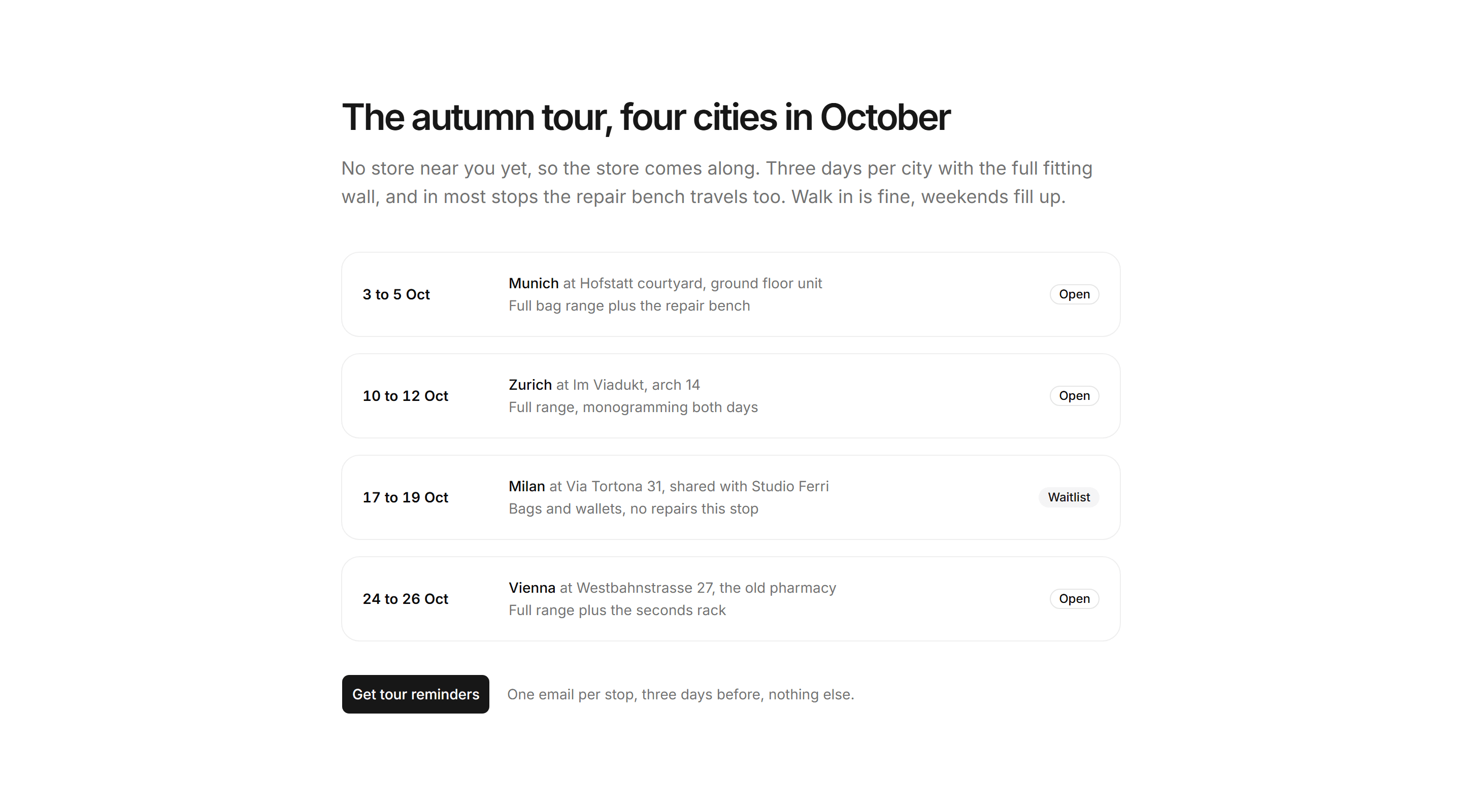 Ecommerce Store: Popup Tour Schedule