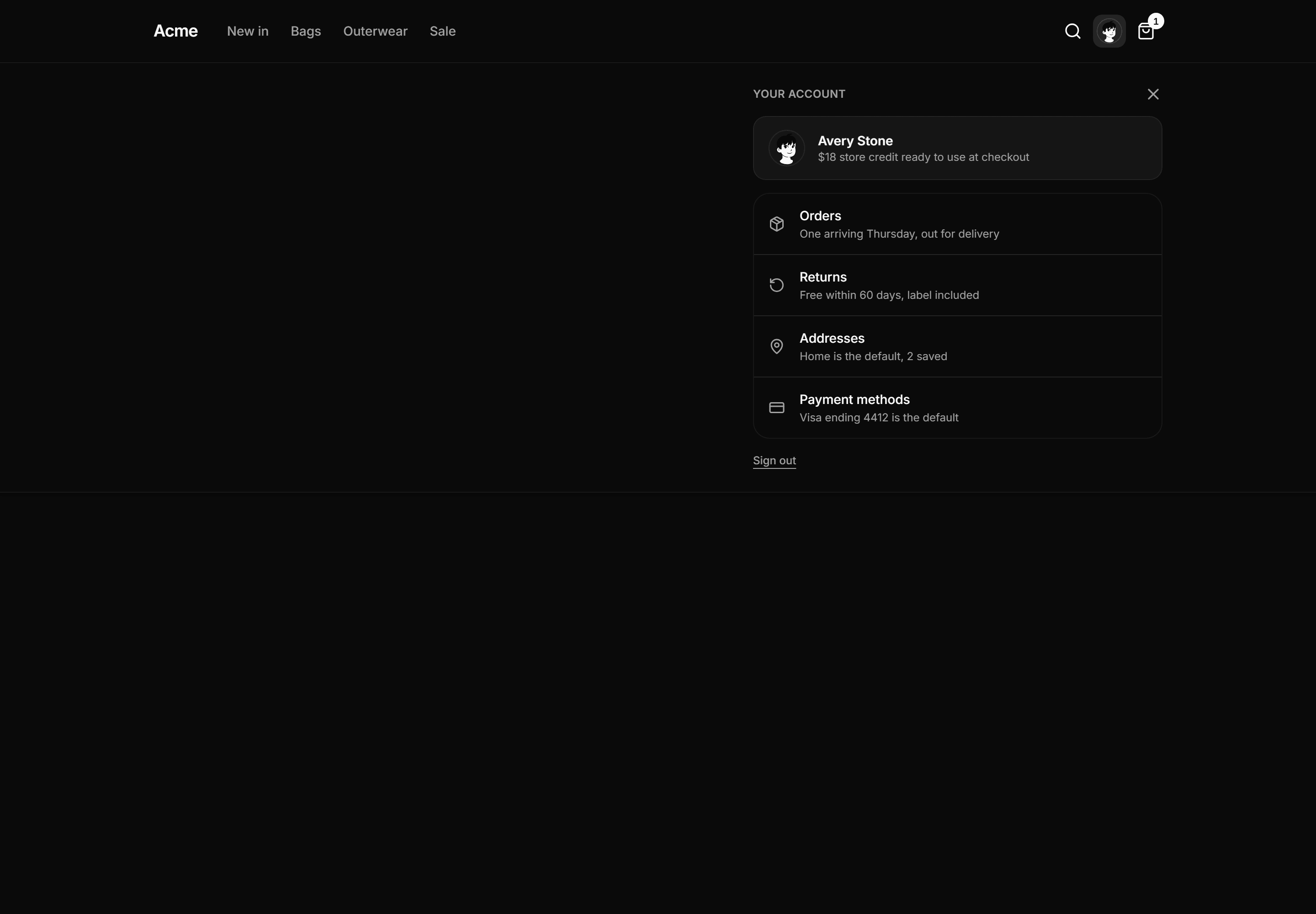 Ecommerce Navbar: Account Menu Panel