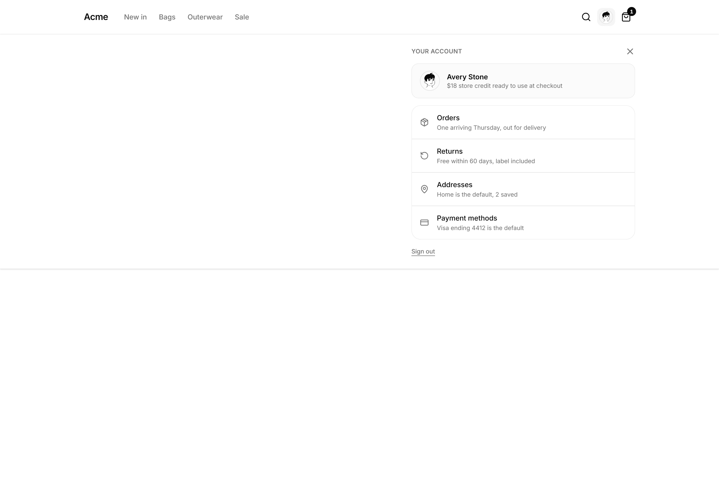 Ecommerce Navbar: Account Menu Panel