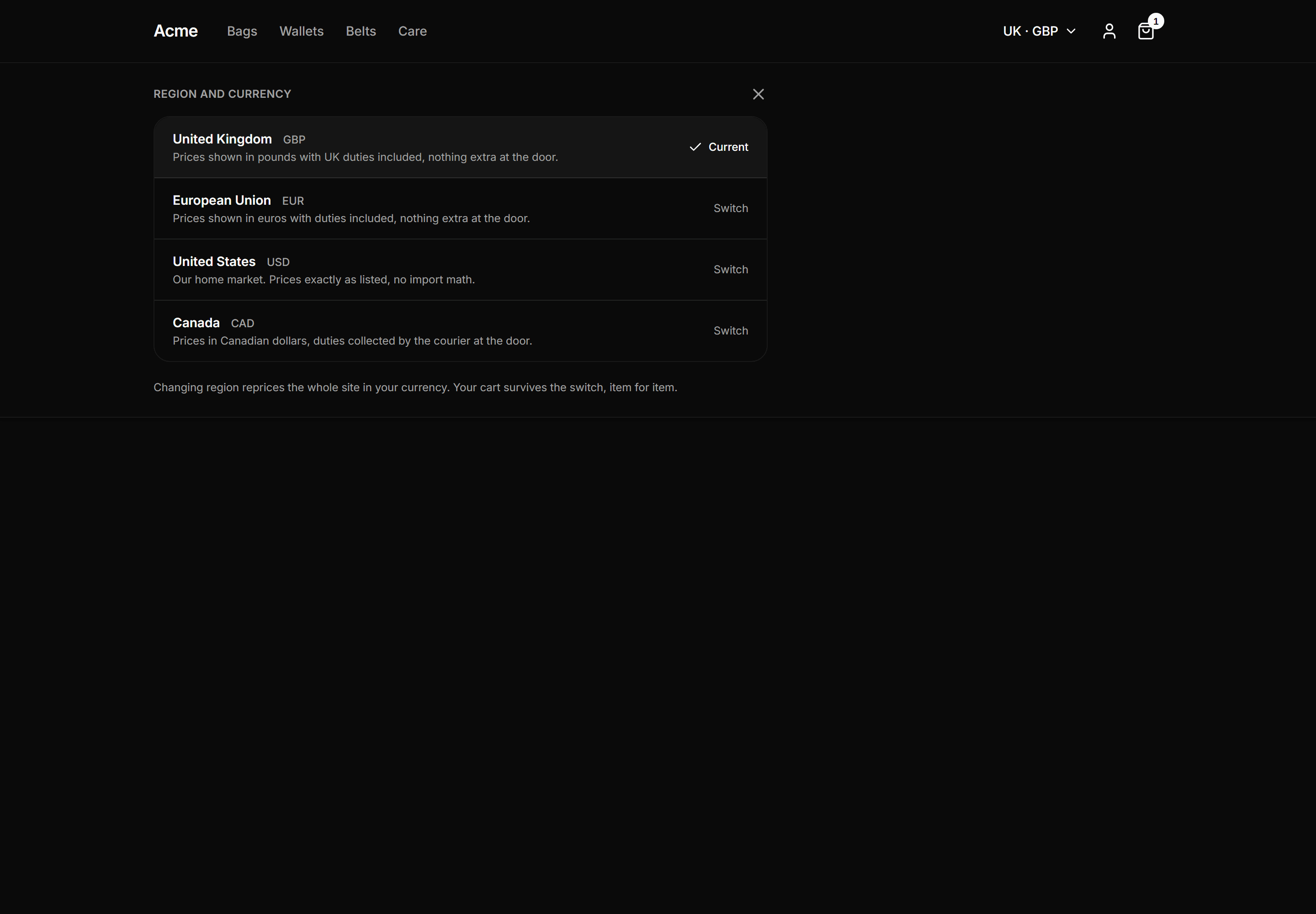 Ecommerce Navbar: Country Selector Navbar