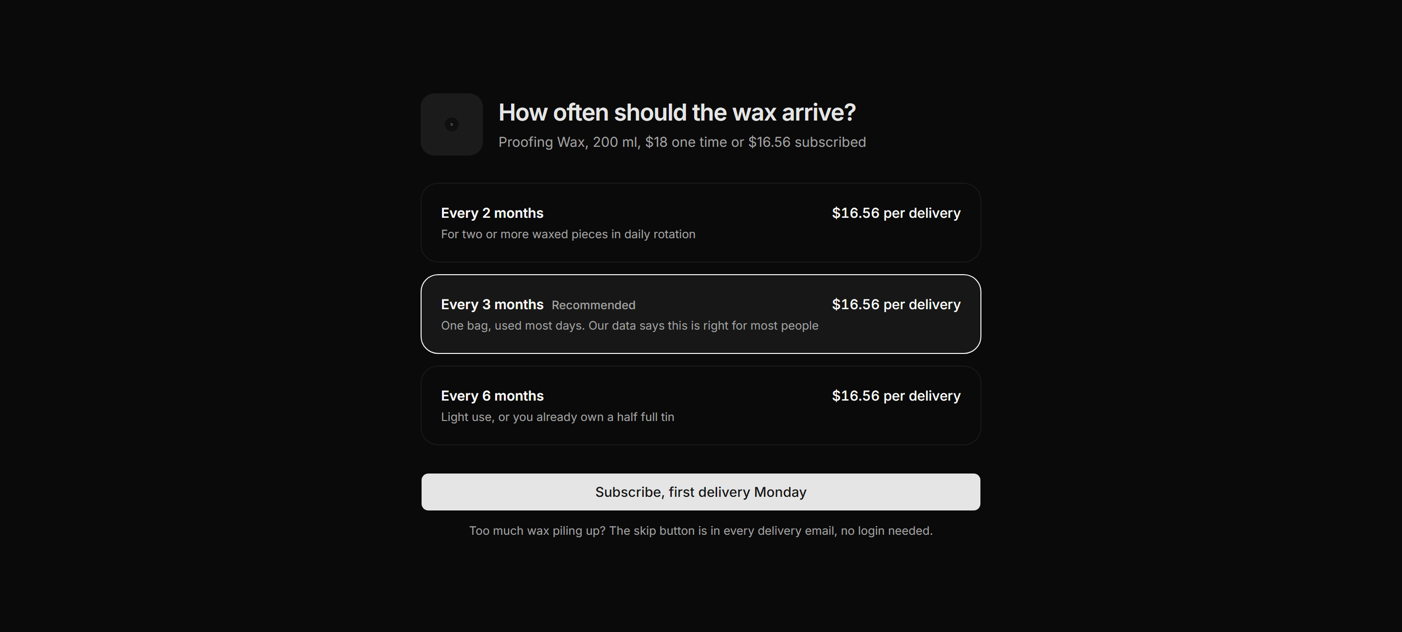 Ecommerce Subscription: Cadence Picker Card