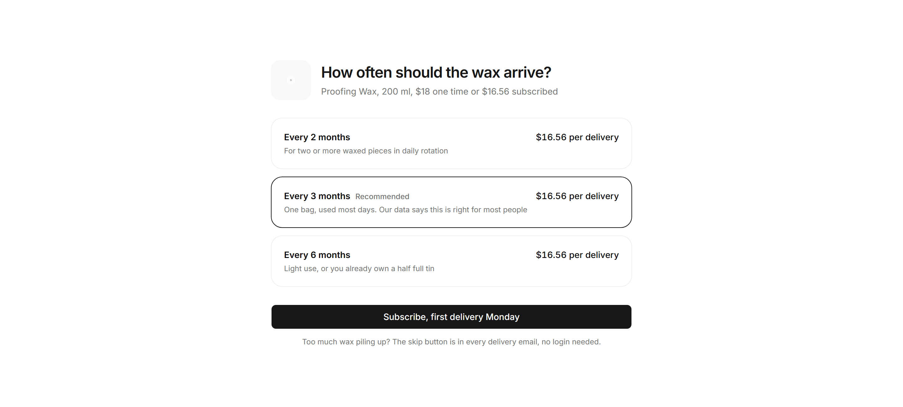 Ecommerce Subscription: Cadence Picker Card