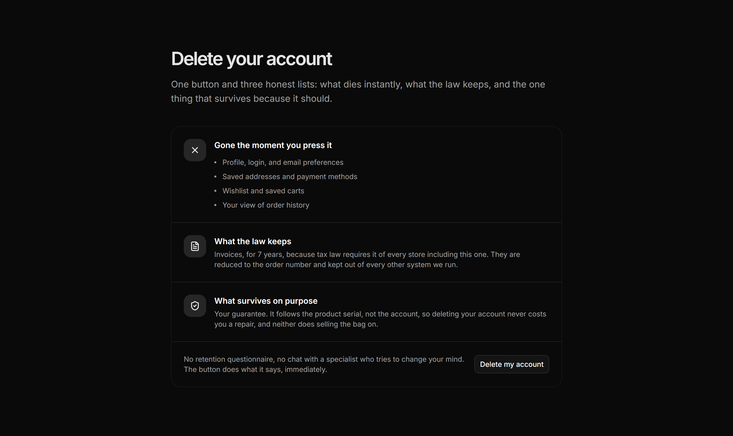 Ecommerce Trust and Privacy: Account Deletion Card