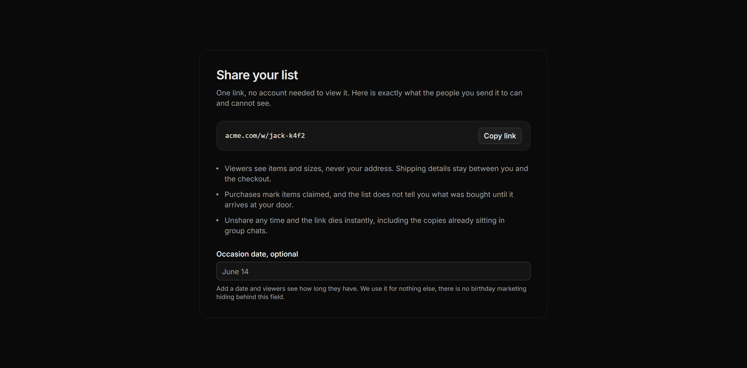 Ecommerce Wishlist: Share Wishlist Card