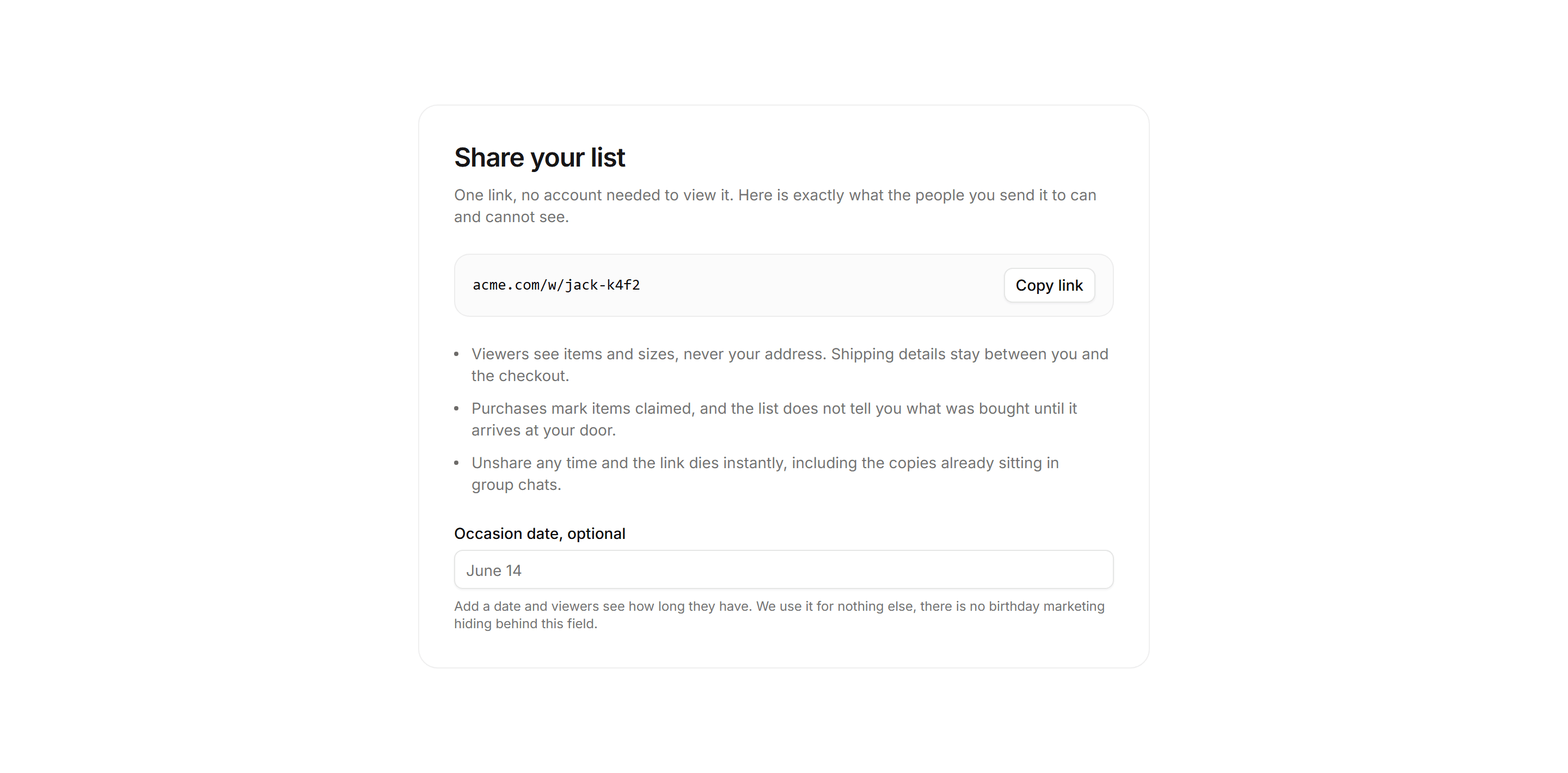 Ecommerce Wishlist: Share Wishlist Card