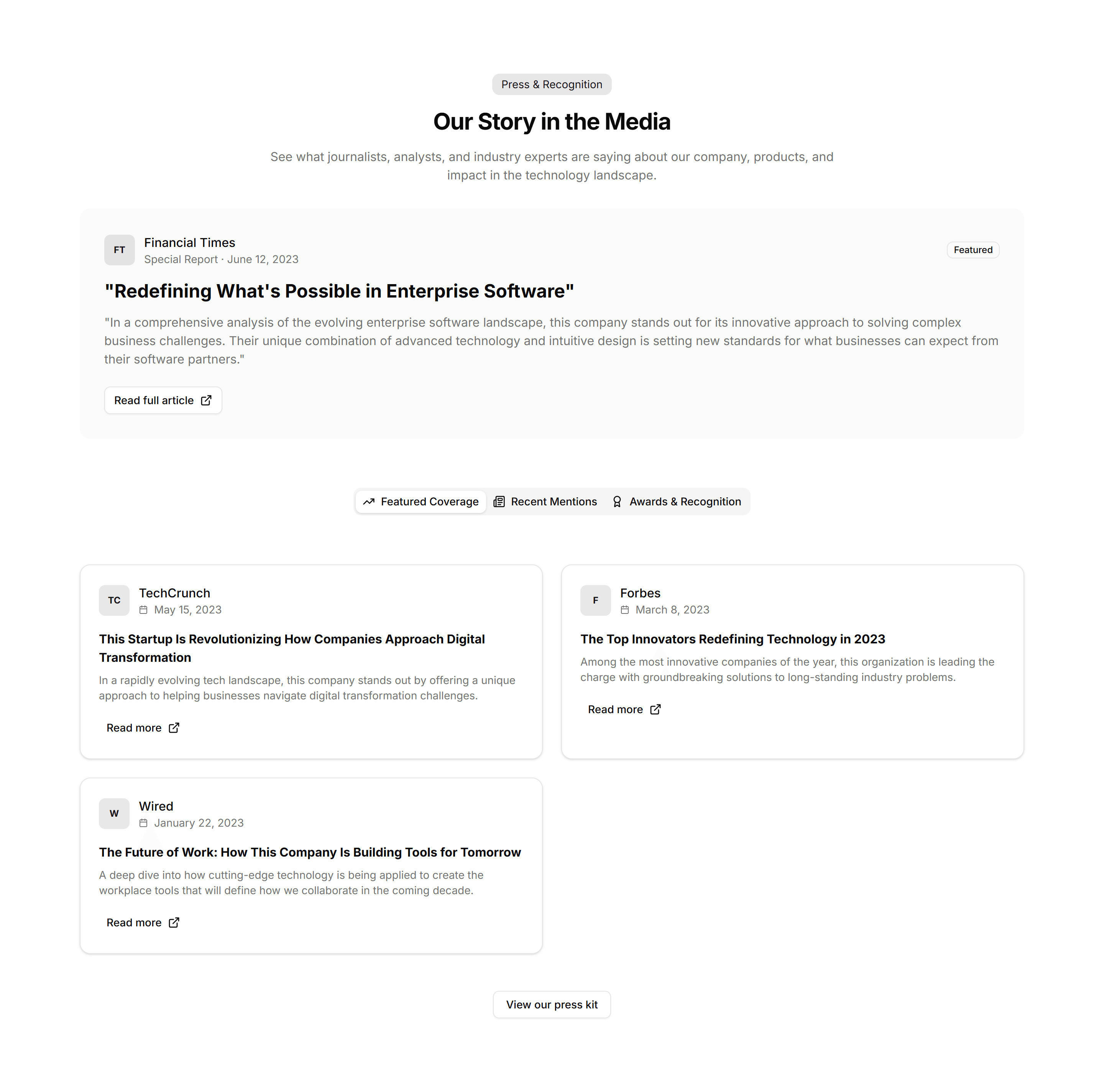 Marketing About Section: Press & Recognitions