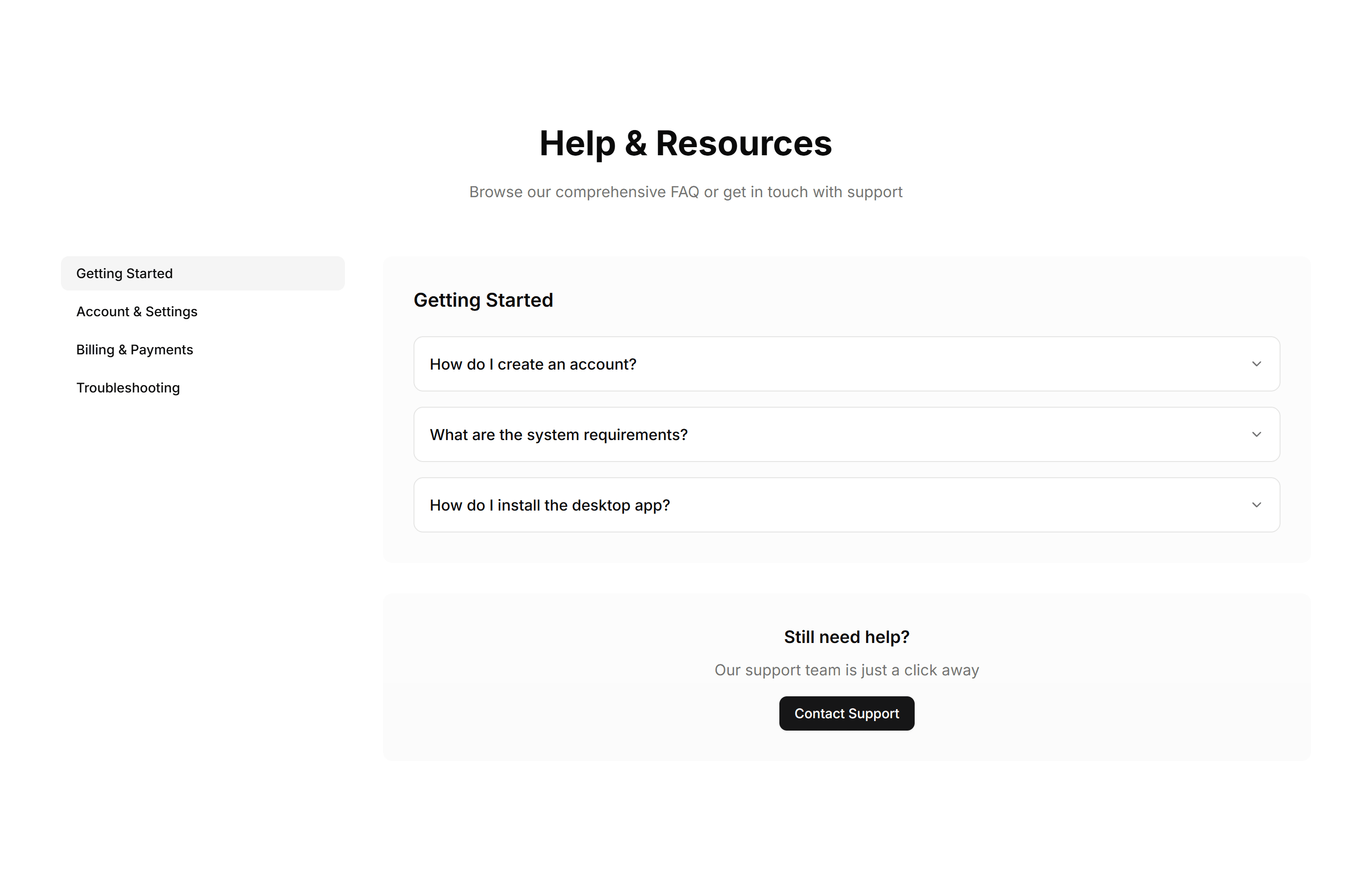 Marketing FAQ Section: Sidebar Navigation