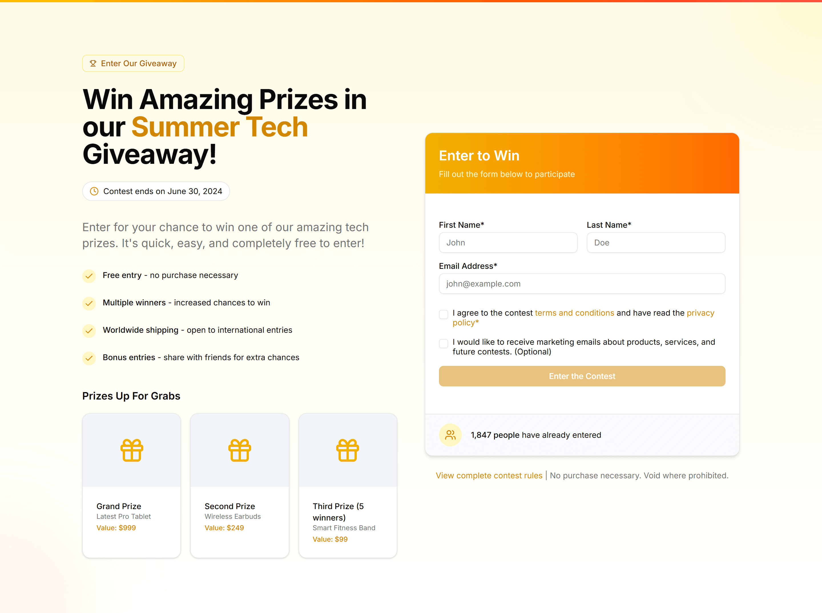 Marketing Hero Form: Contest Entry Form