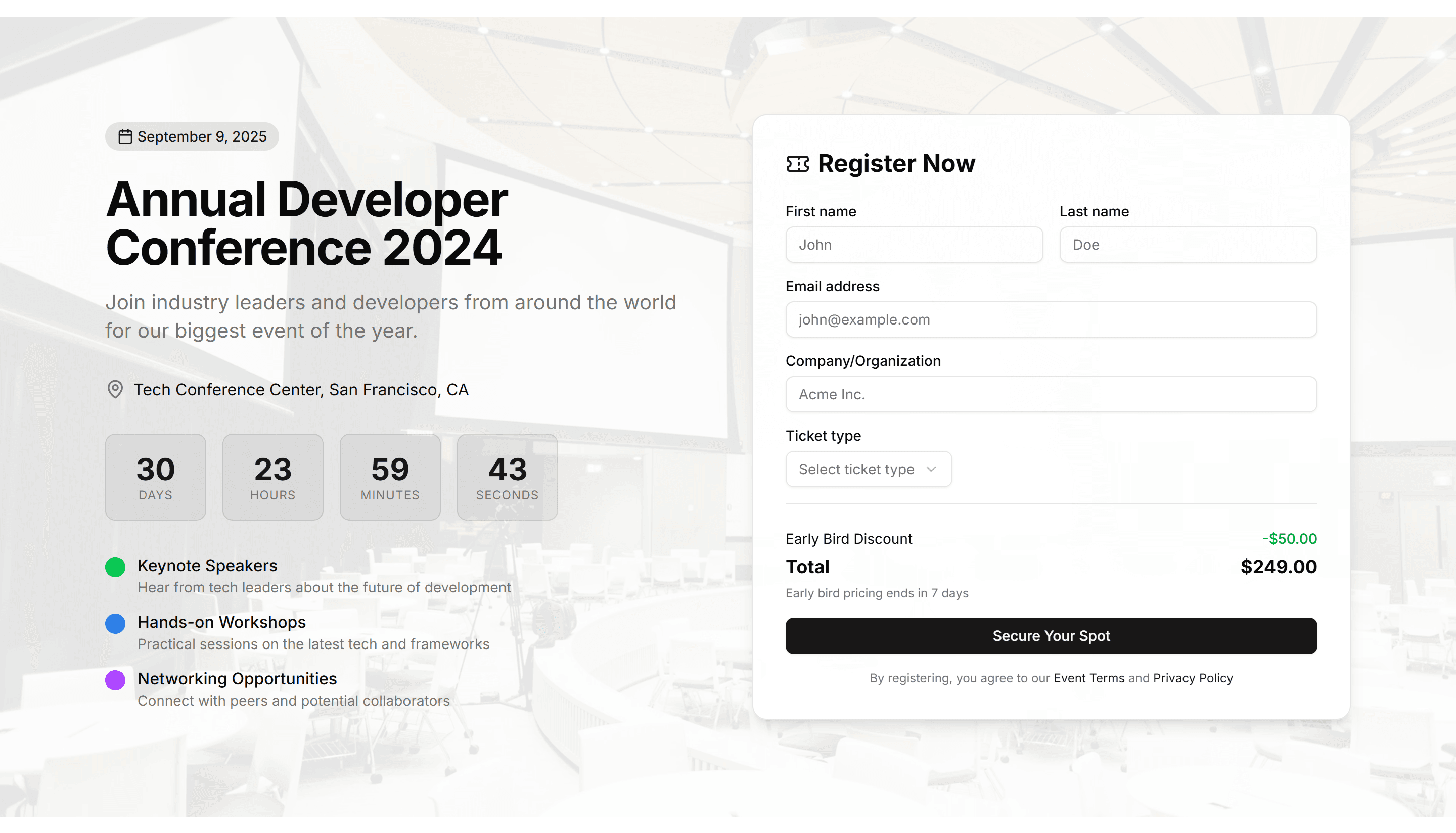 Marketing Hero Form: Event Registration Countdown