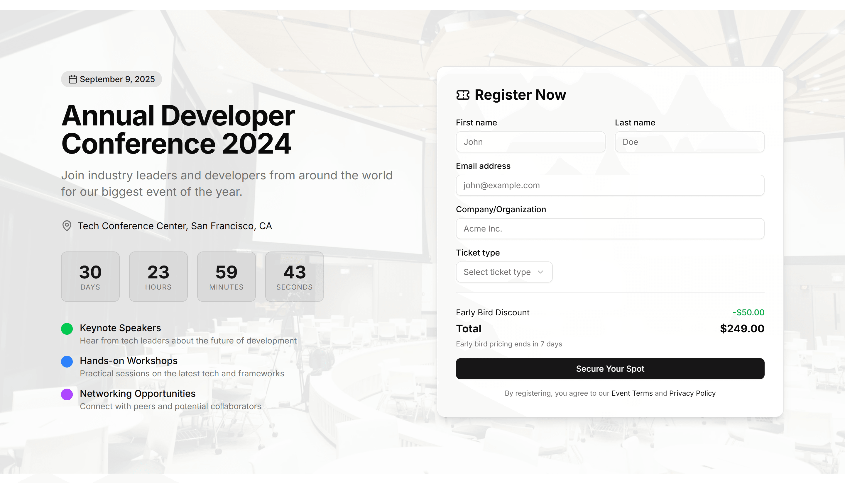 Marketing Hero Form: Event Registration Countdown