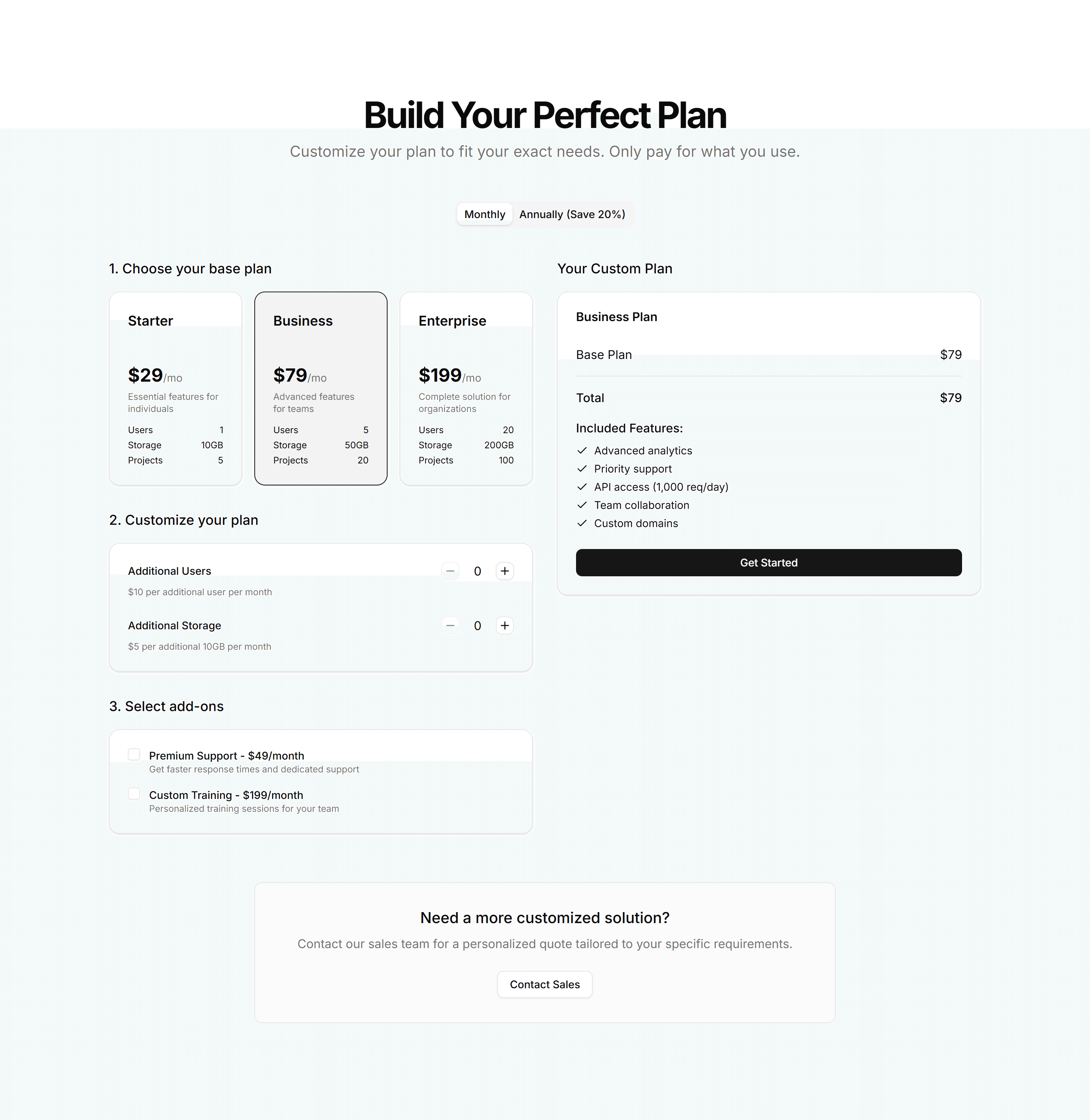 Marketing Pricing Section: Custom Builder