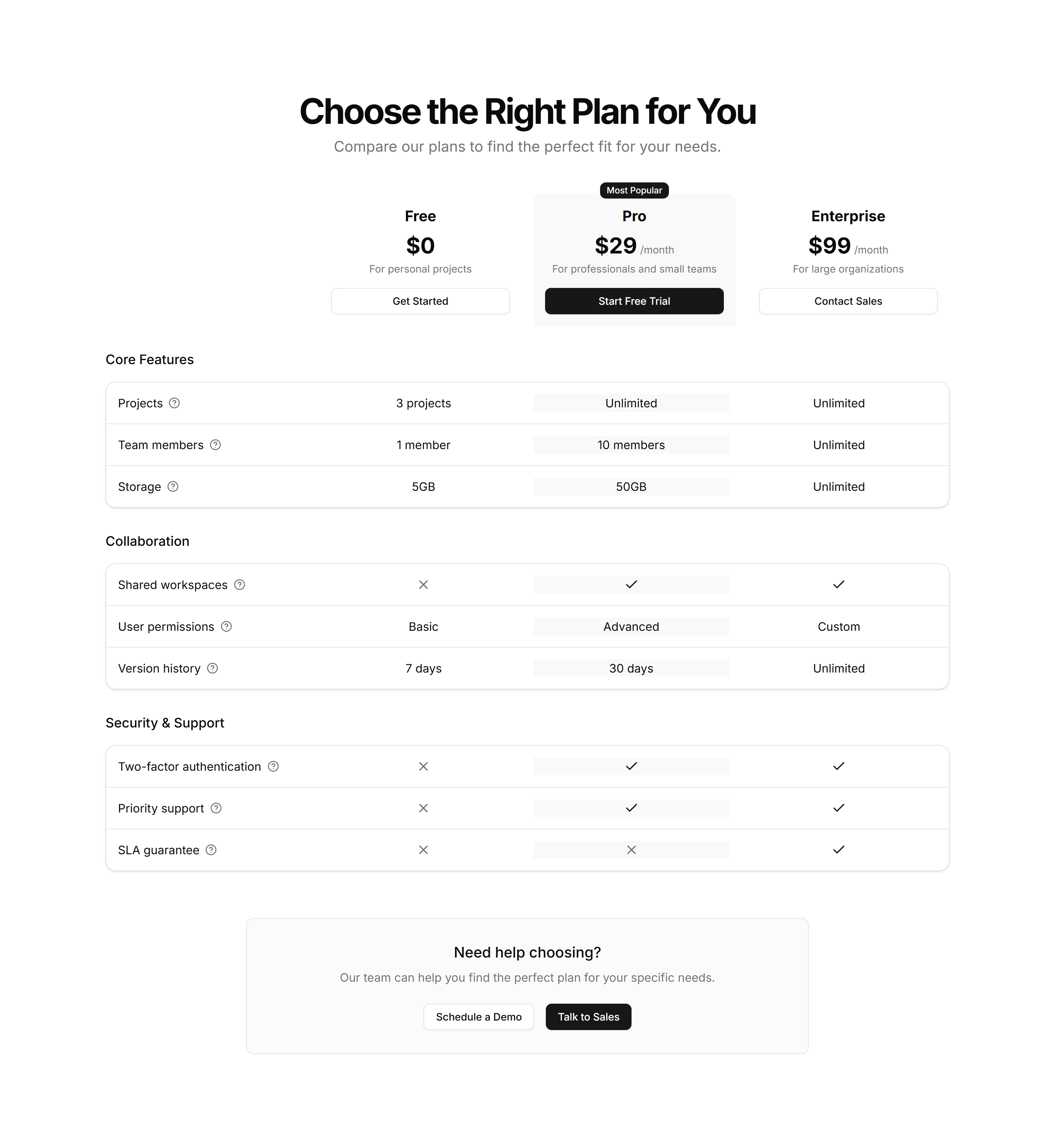 Marketing Pricing Section: Feature Grid