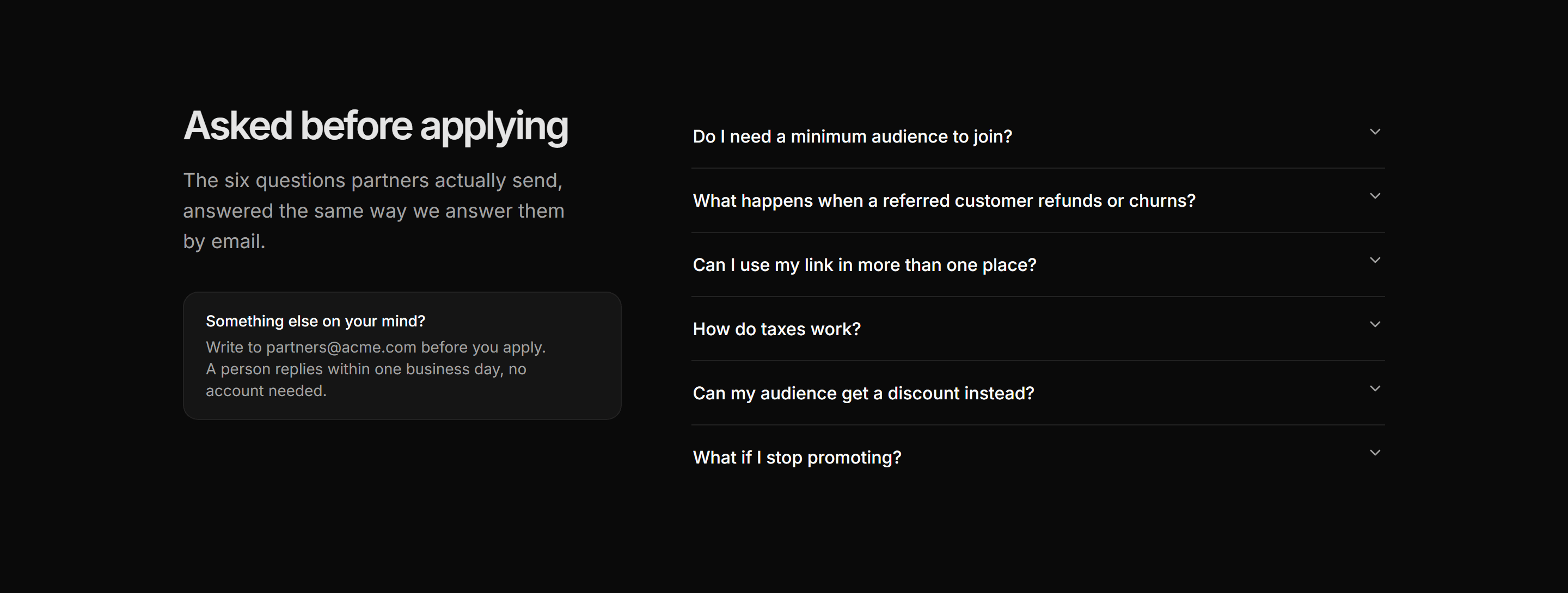 Marketing Affiliate: Program FAQ Accordion
