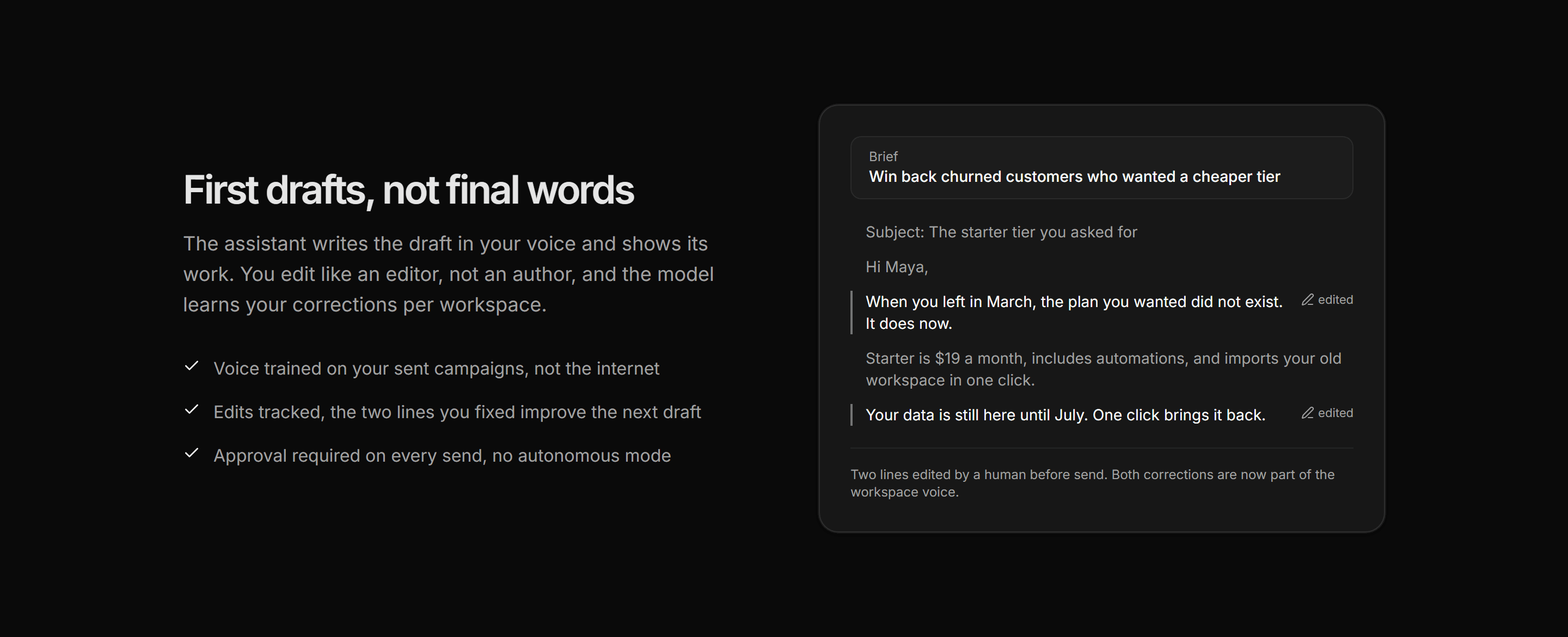 Marketing AI Feature: Ai Drafts Demo Split