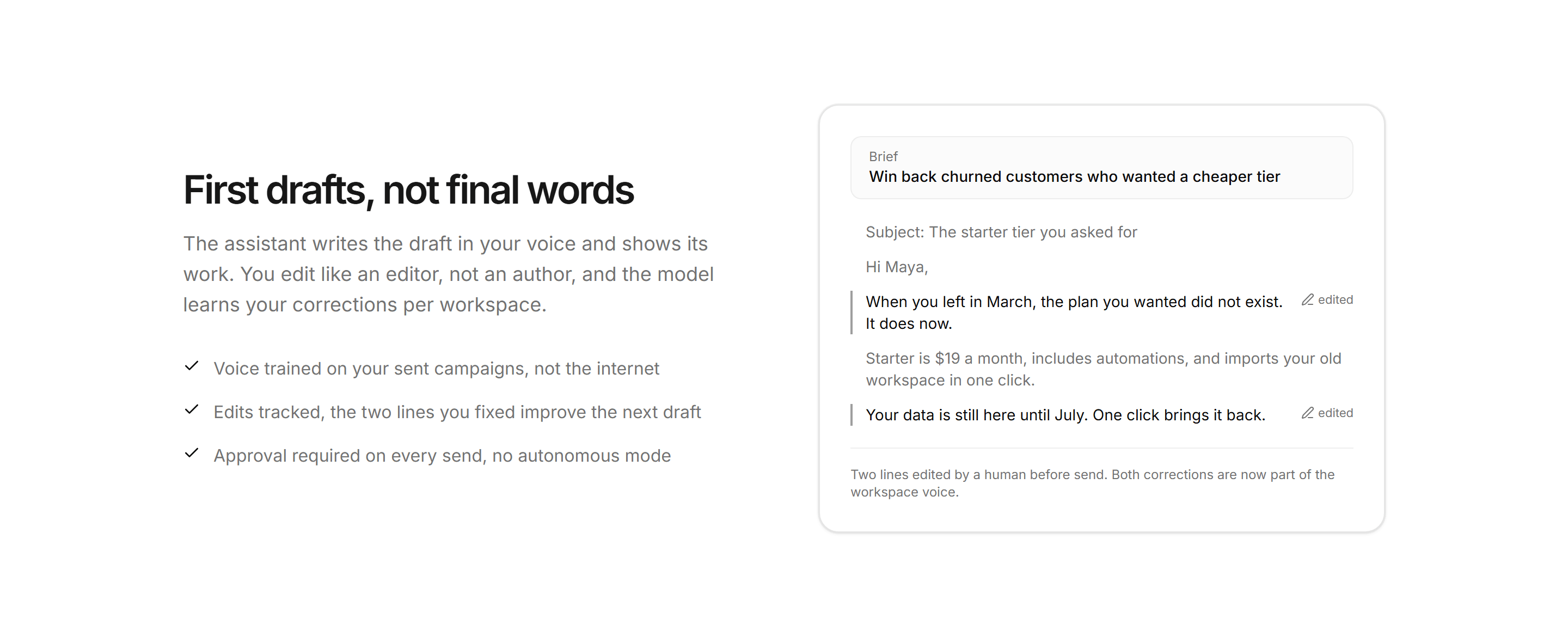 Marketing AI Feature: Ai Drafts Demo Split