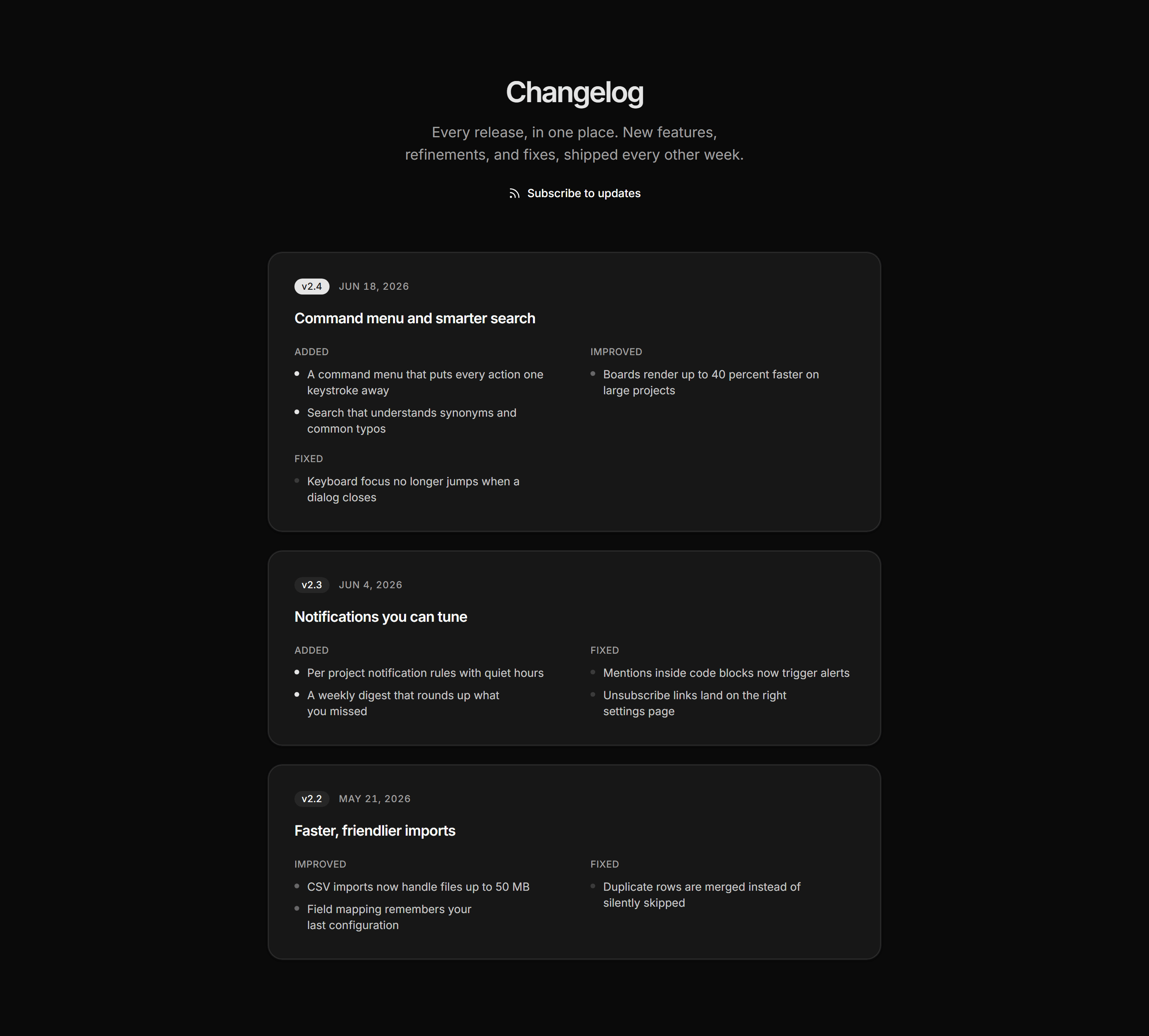 Marketing Changelog: Release Cards