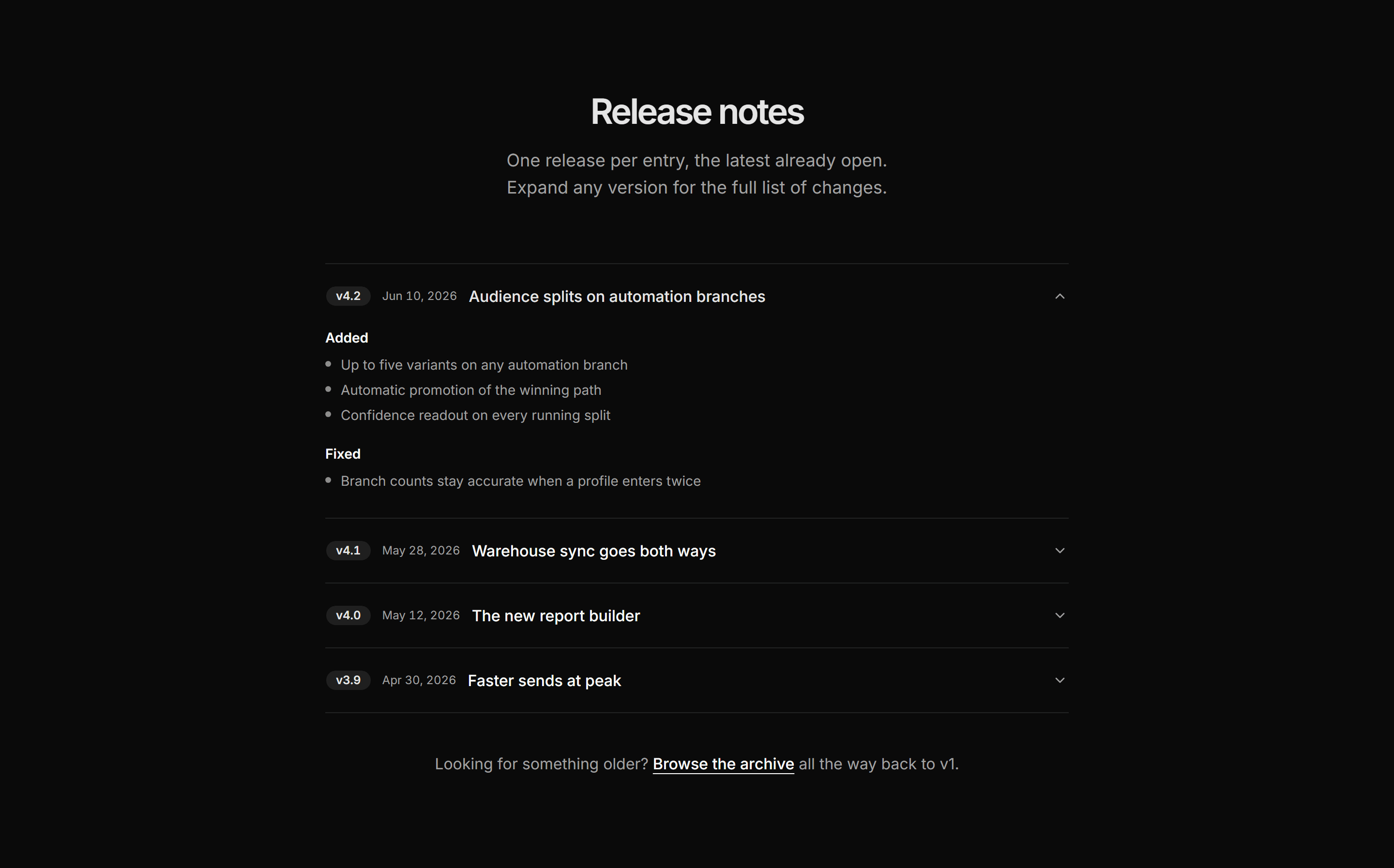Marketing Changelog: Release Notes Accordion